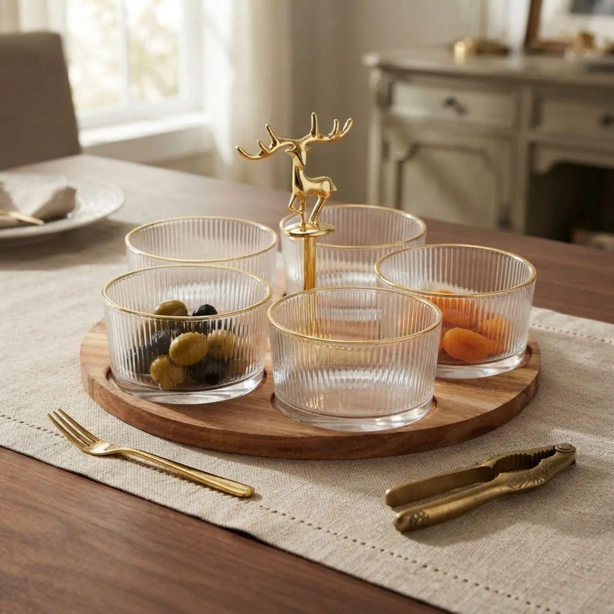 Set Aperitivo Navidad 6 Pzas Vidrio Madera Acacia Reno-3