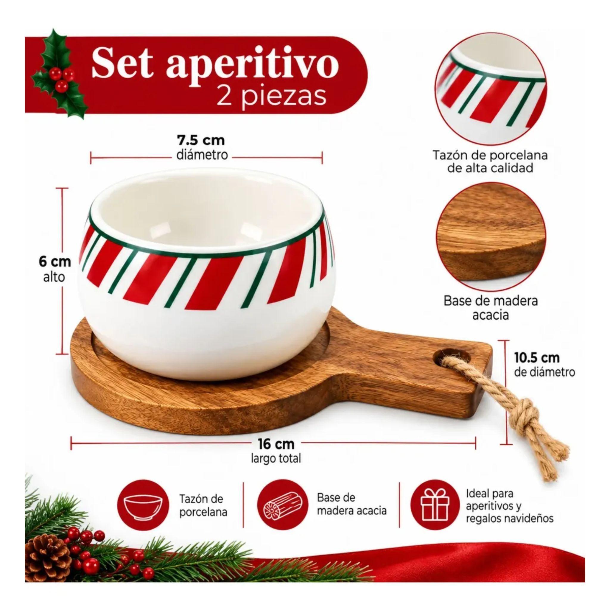 Set Aperitivo Navidad Porcelana Con Base Madera Acacia-2