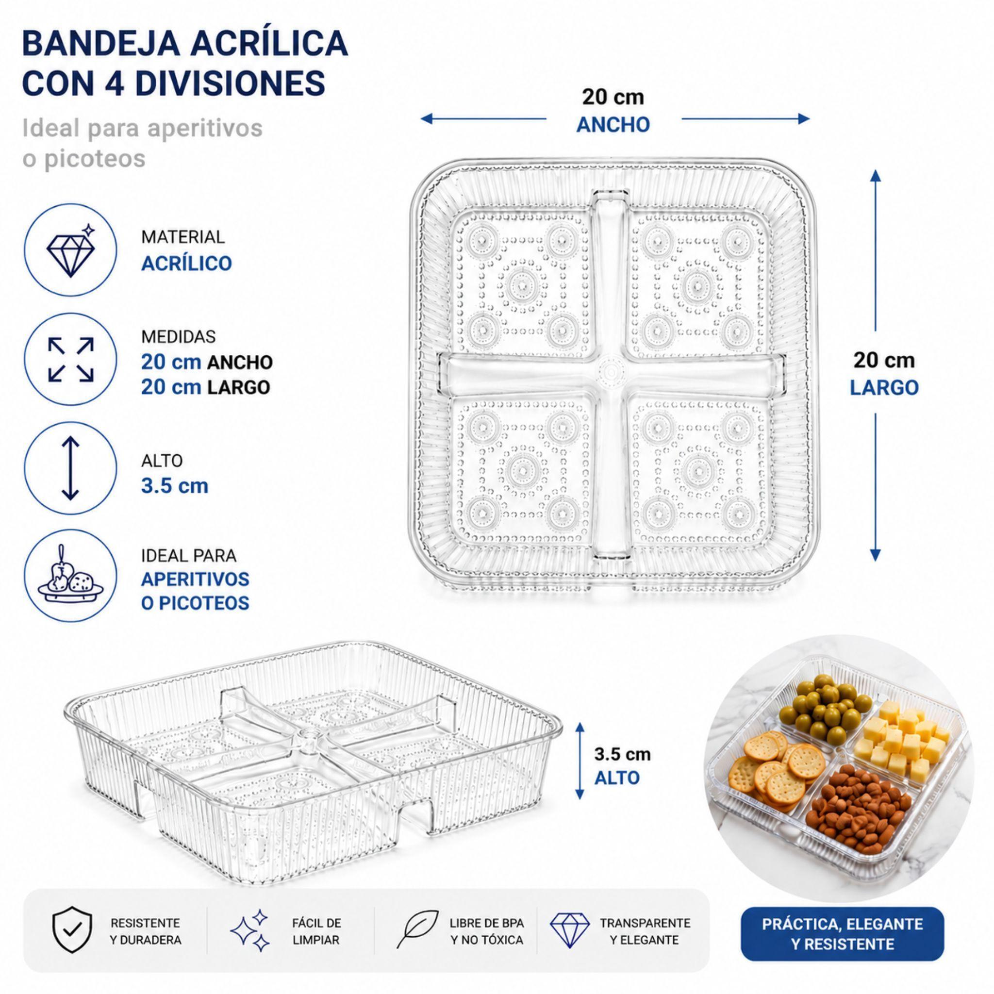 Bandeja Acr lica con 4 Divisiones para Picoteo y Snacks 20cm-2