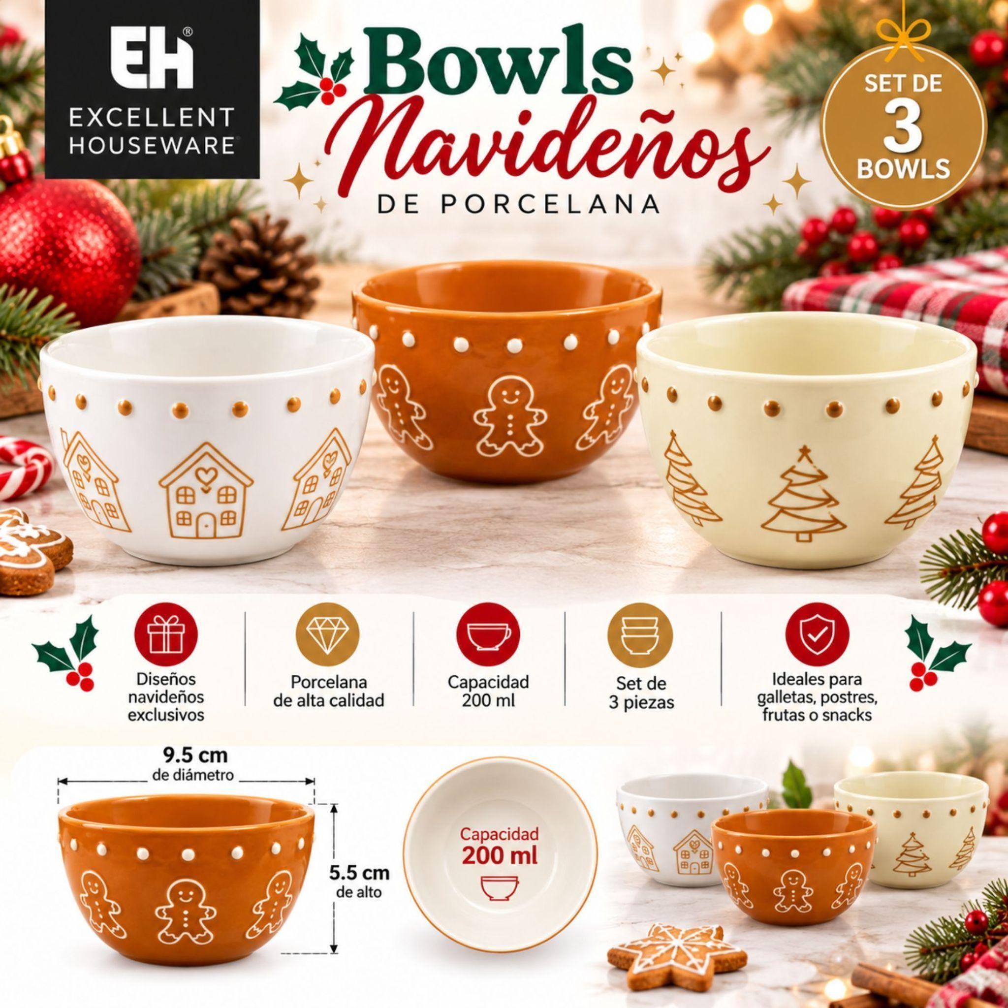 Set 3 Pocillos Bowls Navidad Porcelana 200ml Postres-4