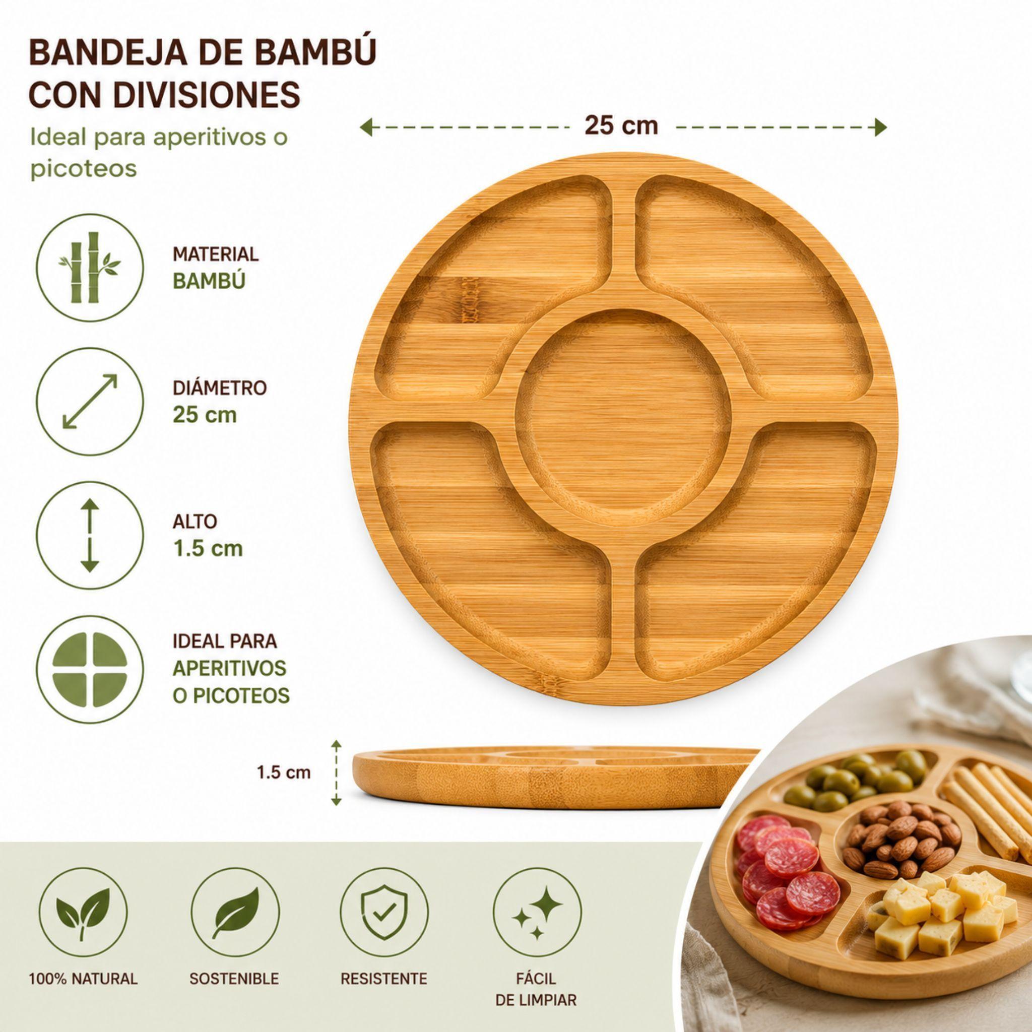 Bandeja Redonda de Bamb 25 cm con 5 Divisiones Ideal para Picoteos-2