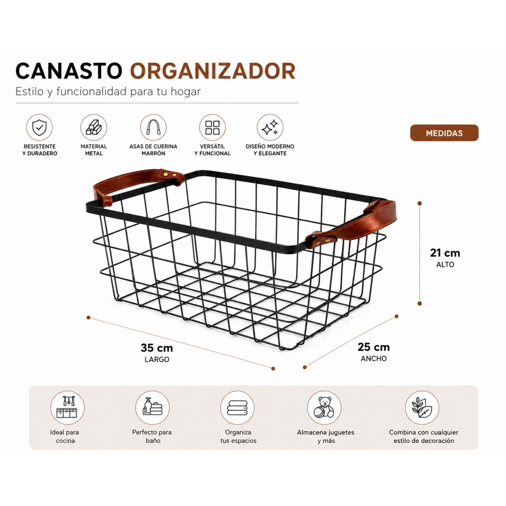 Canasto Met lico Cuiner Negro con Asas de Cuerina 35cm-2