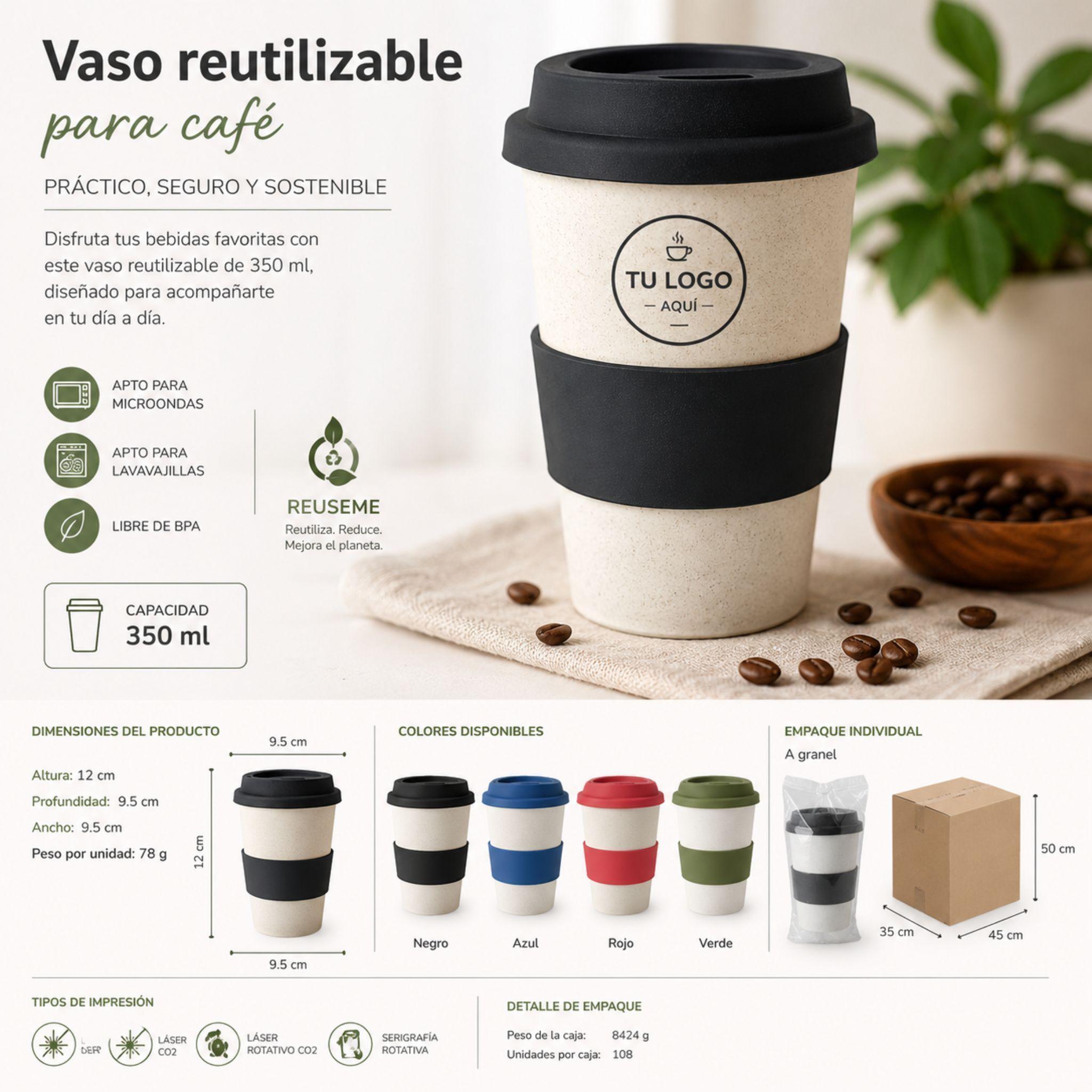 Vaso Reutilizable Caf 350ml con Banda Silicona Libre BPA-2