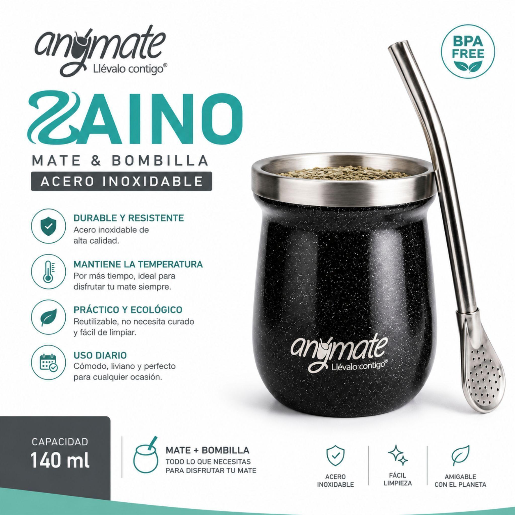 Set Mate Con Bombilla Acero Inoxidable 140ml Zaino Anymate-2