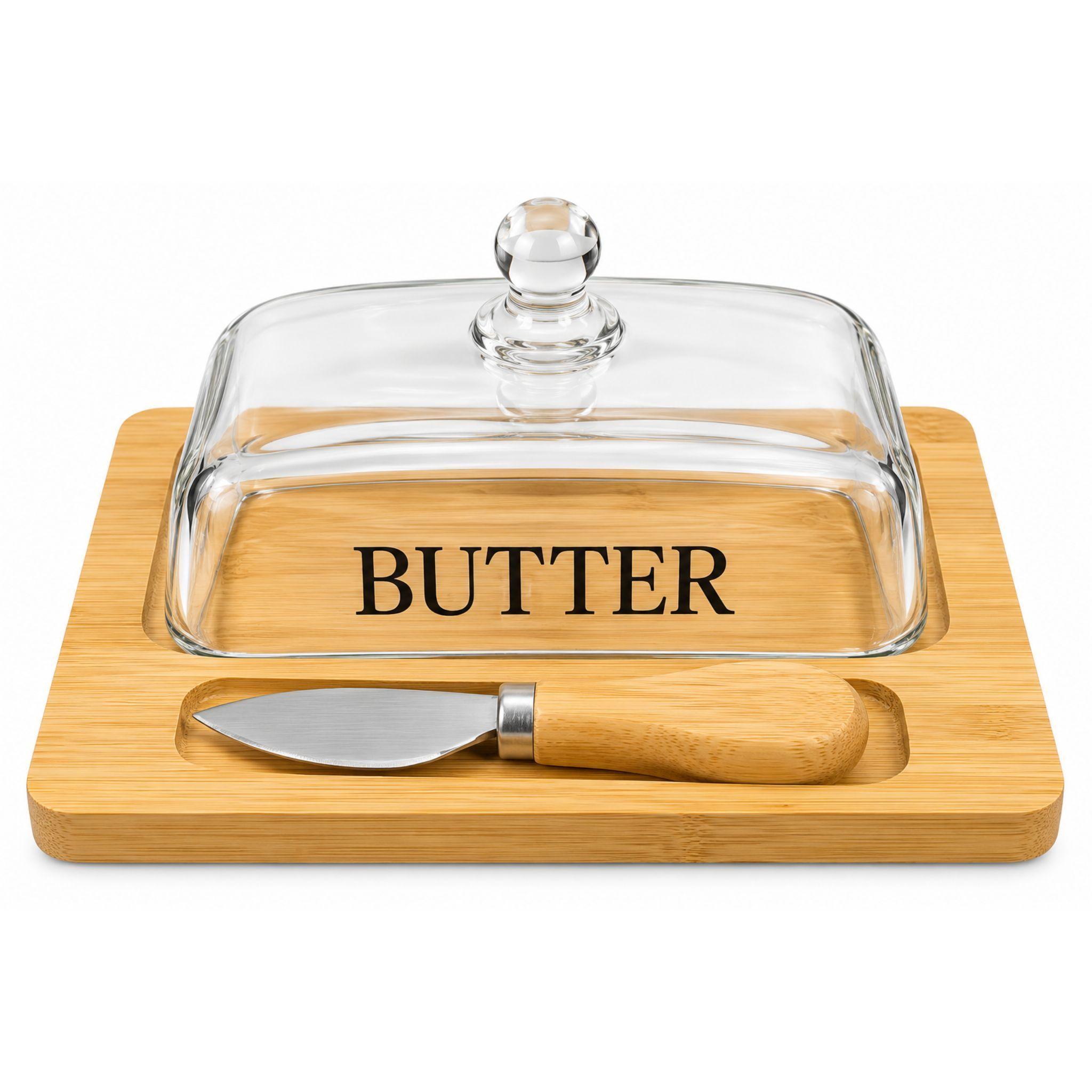 Mantequillera Vidrio Base Bambu Con Tapa Y Utensilio-1