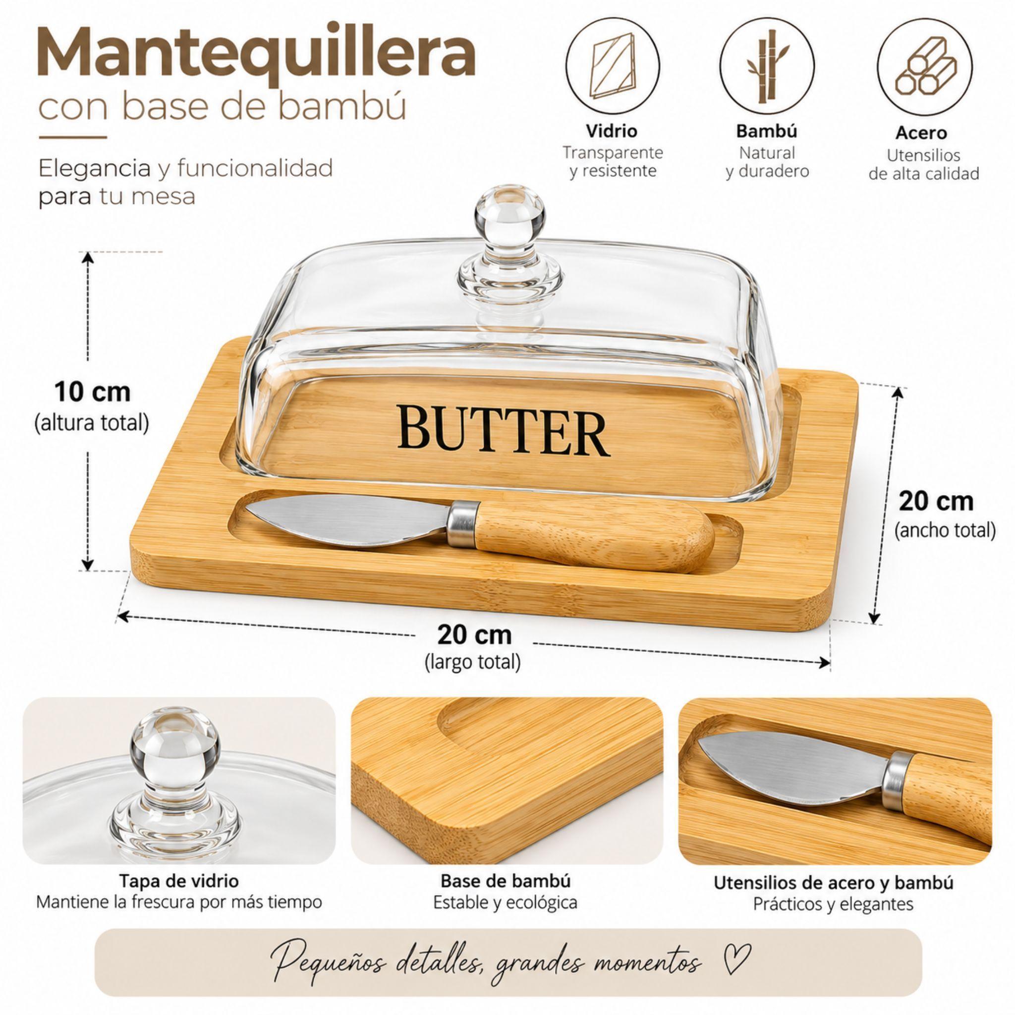 Mantequillera Vidrio Base Bambu Con Tapa Y Utensilio-2