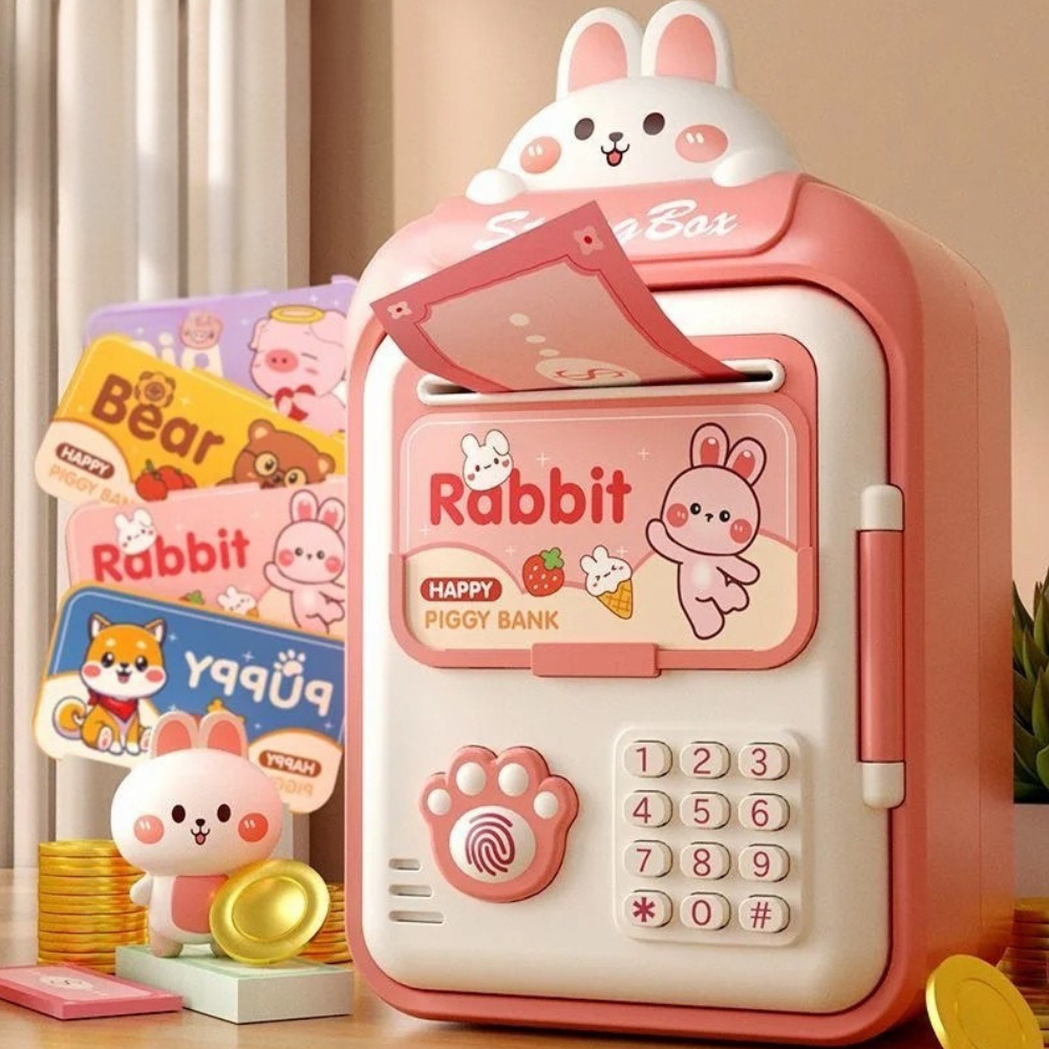 Alcancía Gato Caja Fuerte Kawaii Contraseña Sonido Y Huella-2