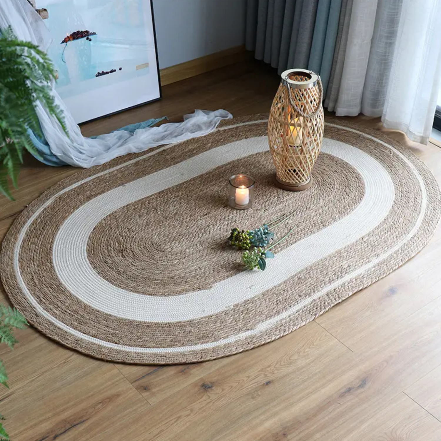 Alfombra De Yute Rustica Ovalada Natural Con Franja Blanca M-3