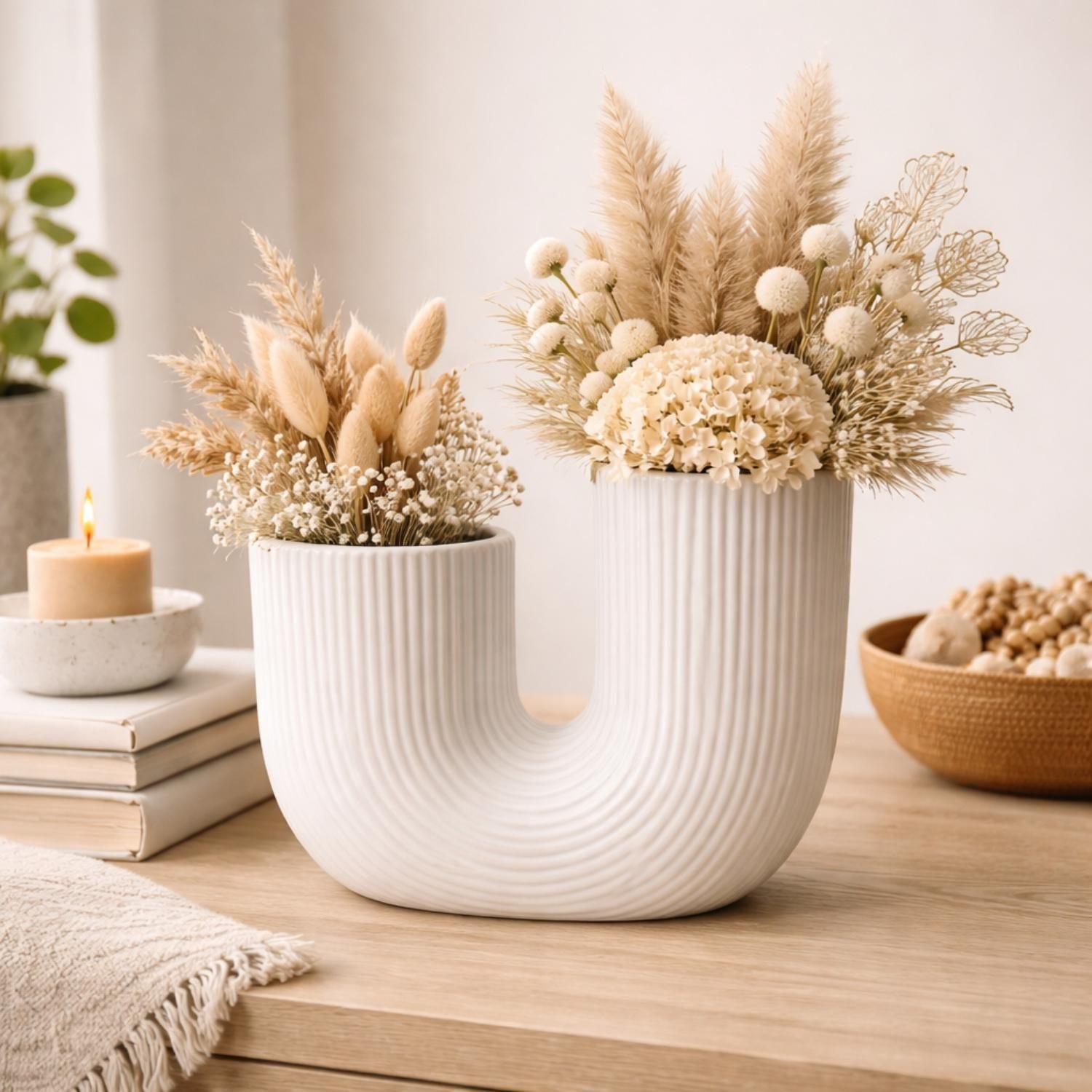 Florero Jarron Ceramica Blanco Decorativo Moderno Forma U-3