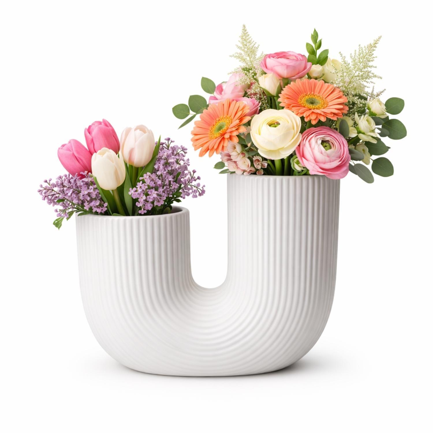 Florero Jarron Ceramica Blanco Decorativo Moderno Forma U-4