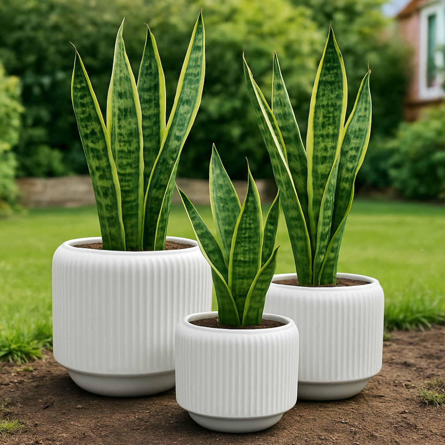 Set 3 Maceteros De Ceramica Blanco Mate Textura Acanalada-2