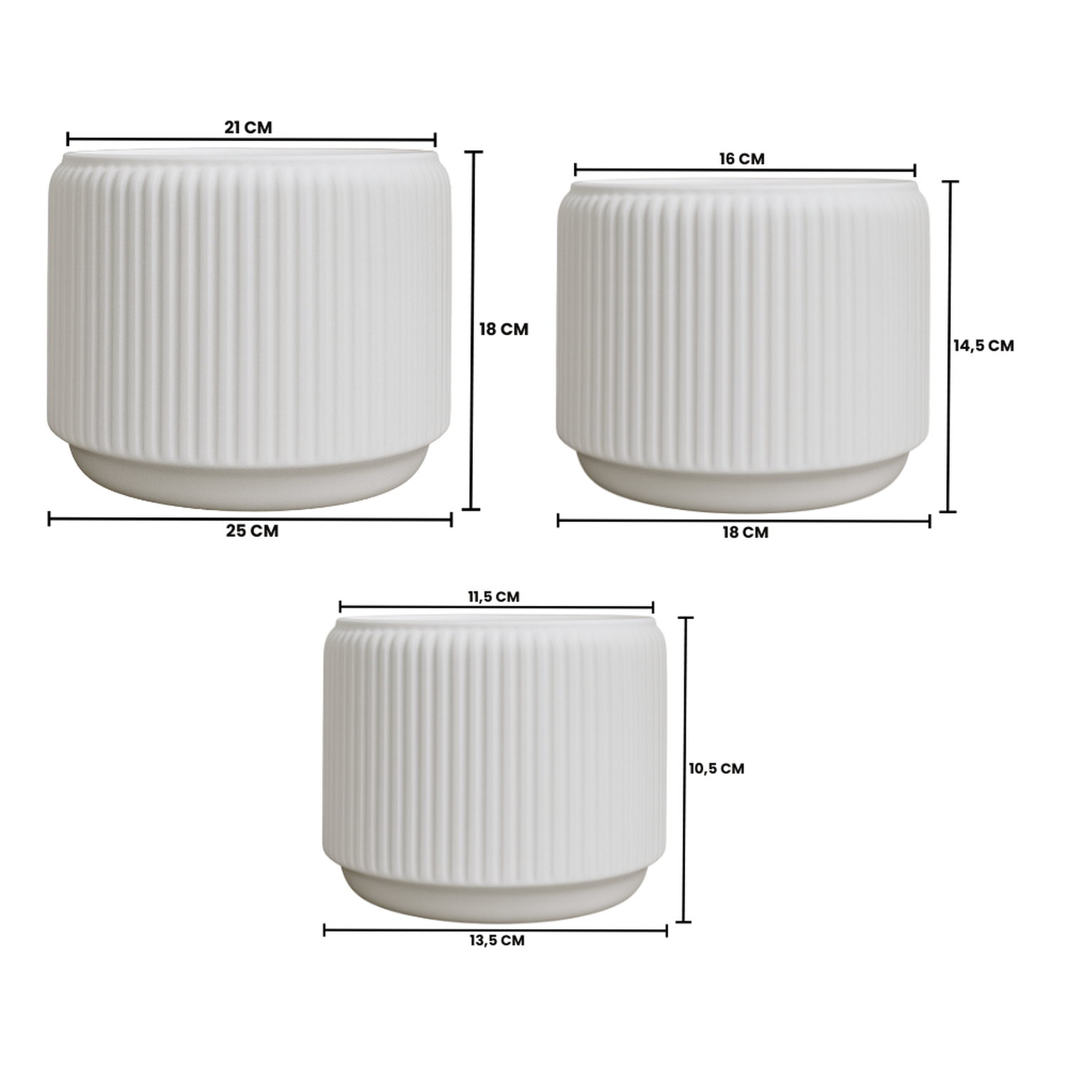 Set 3 Maceteros De Ceramica Blanco Mate Textura Acanalada-3