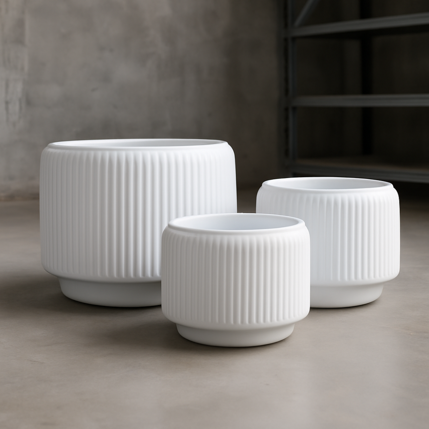 Set 3 Maceteros De Ceramica Blanco Mate Textura Acanalada-5