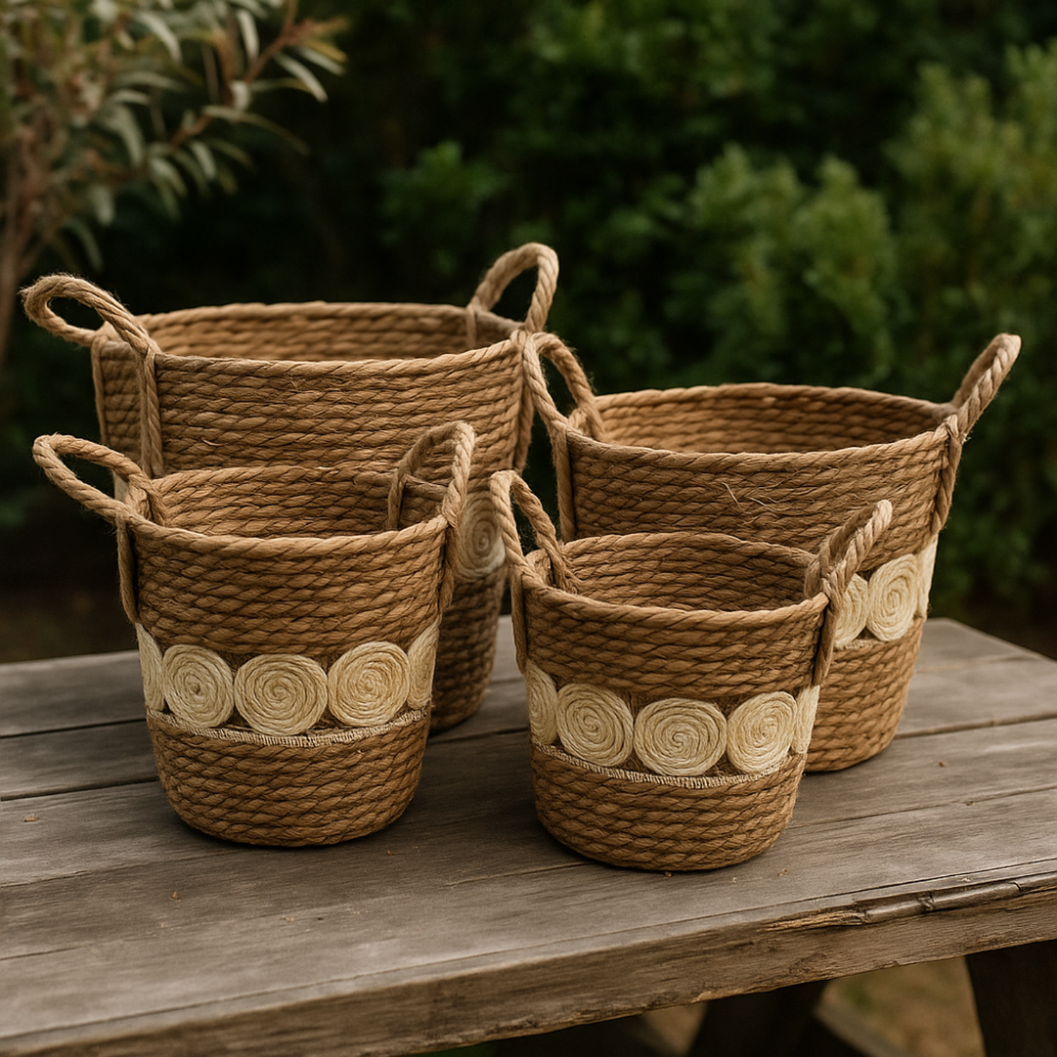 Set 4 Canasto Cesta Yute Diseño Circulos Tejido Estilo Rustico-2