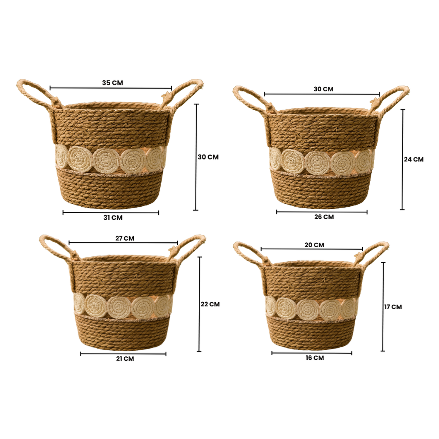 Set 4 Canasto Cesta Yute Diseño Circulos Tejido Estilo Rustico-3