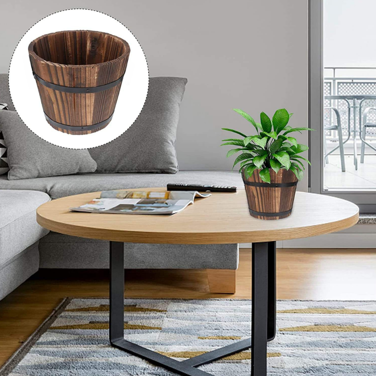 Macetero De Madera Tipo Barril Para Jardin Terraza Planta M-3