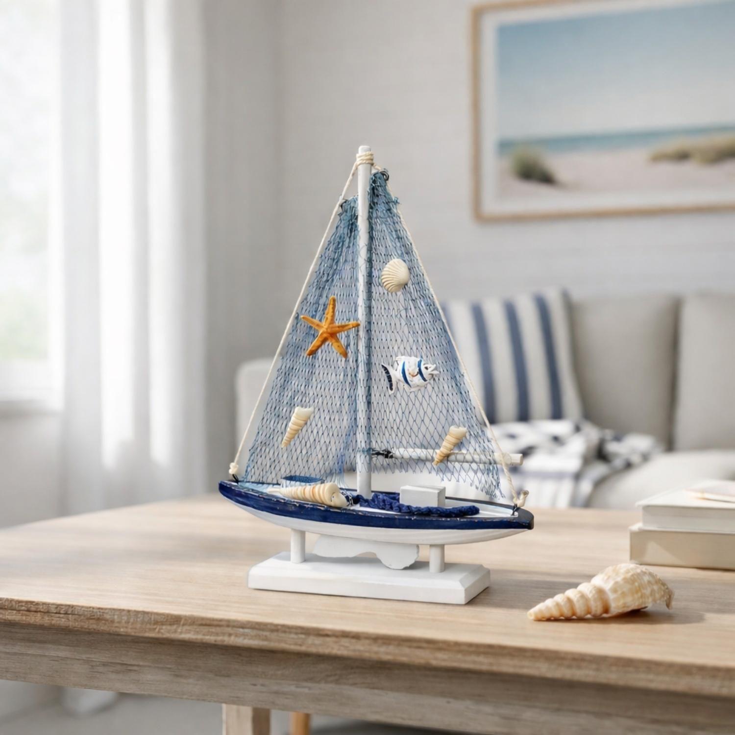 Barco Figura Decorativa Adorno Velero De Madera Náutica-1