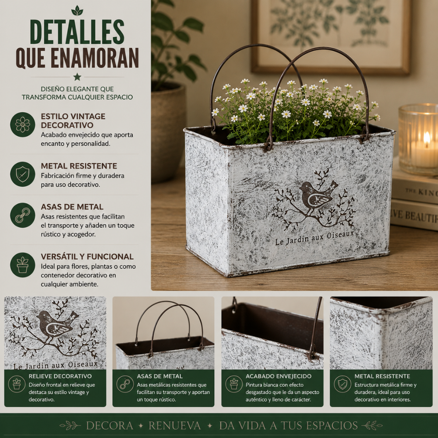 Set 2 Macetero Metalico Decorativo Con Asas Florero Cartera-5