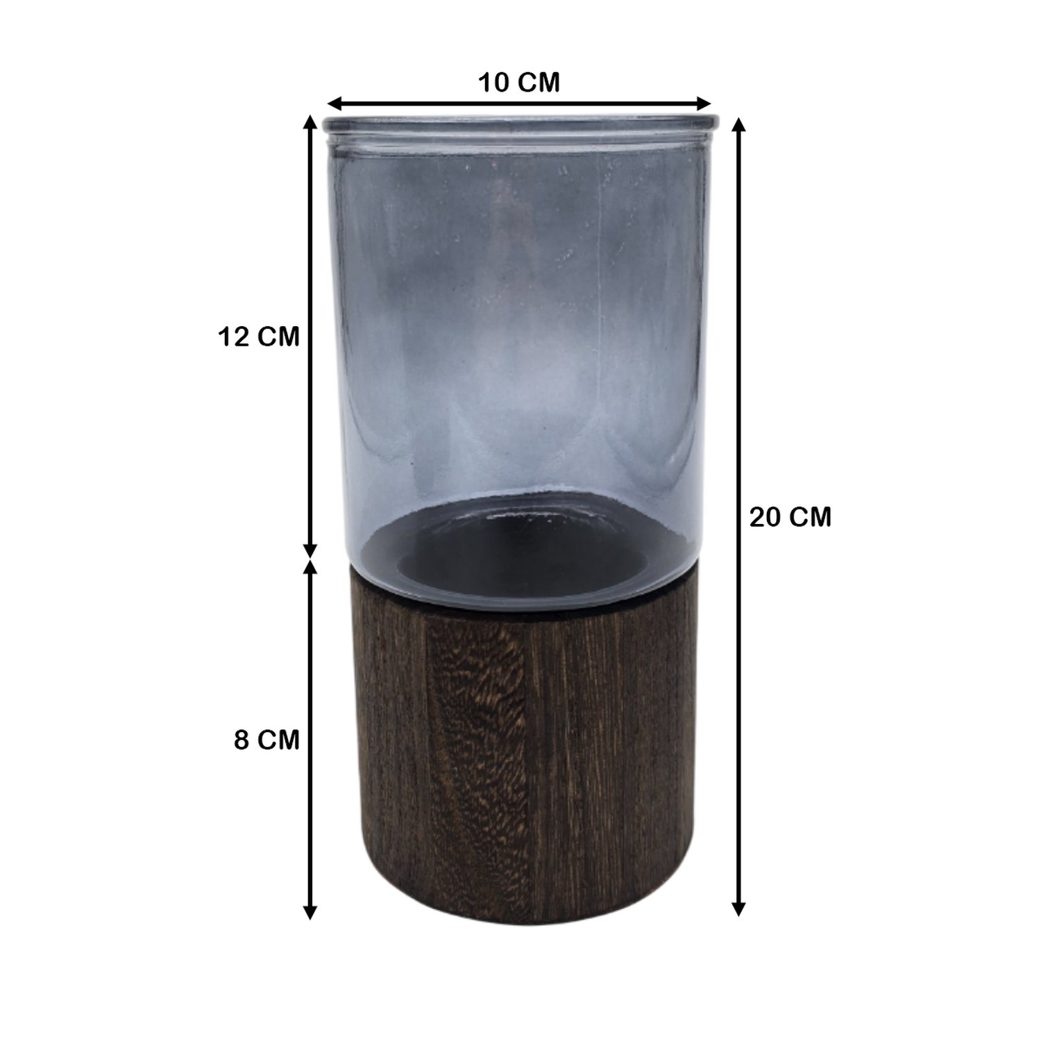 Florero Decorativo De Vidrio Liso Tonos Gris Con Base Madera-3