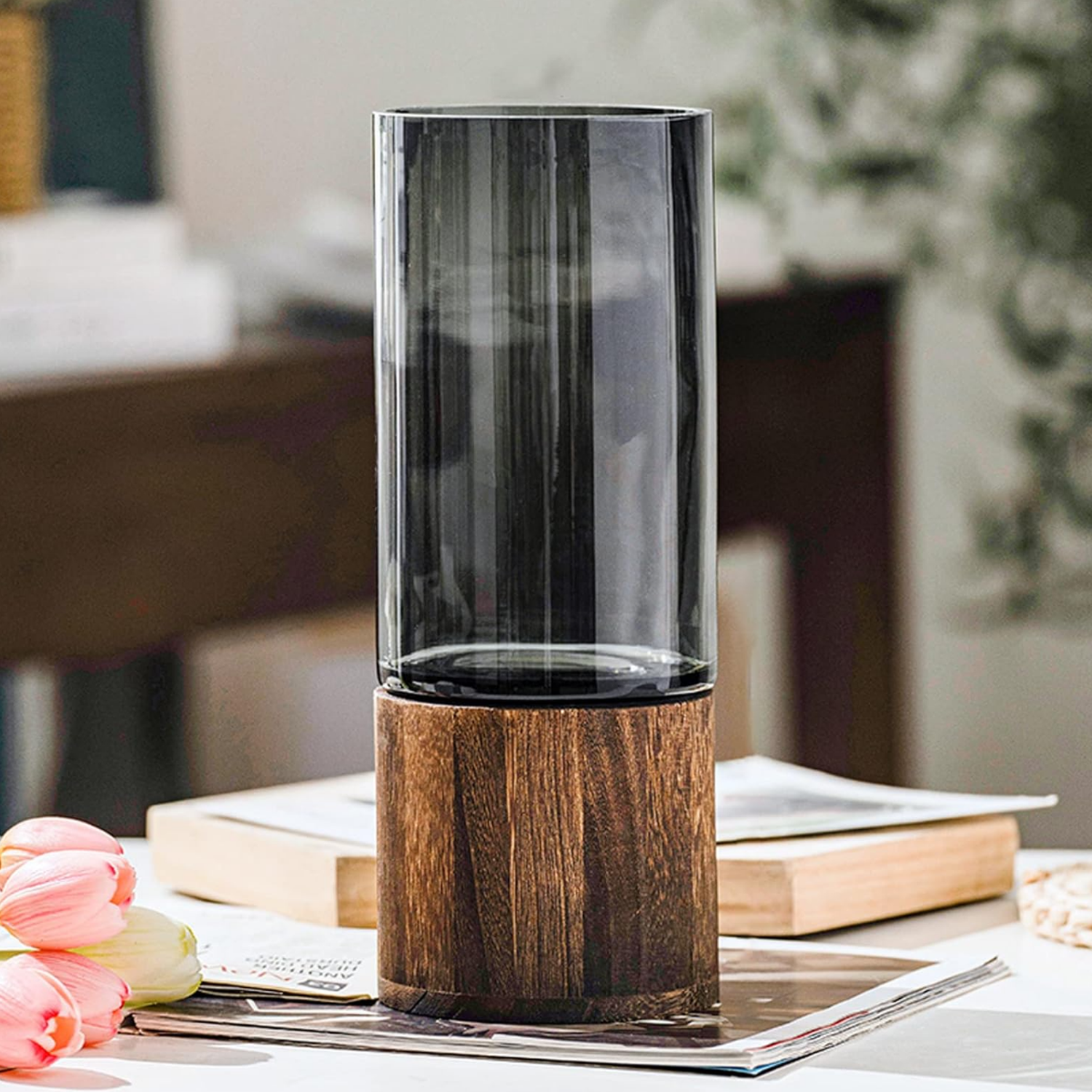 Florero Decorativo De Vidrio Liso Tonos Gris Con Base Madera-6