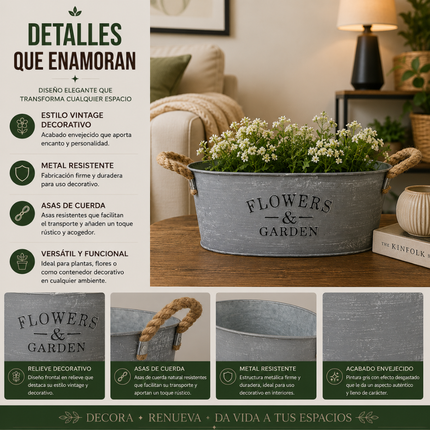 Set 2 Macetero Metalico Gris Ovalado Decorativo Con Asas L-5