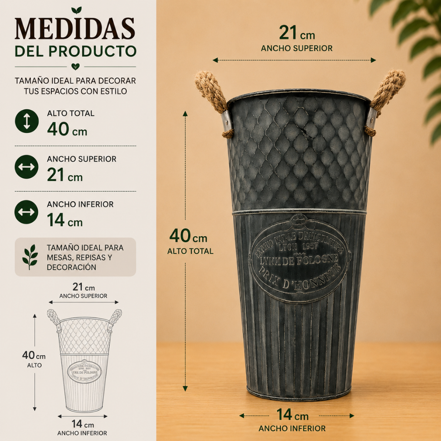 Macetero Metalico Decorativo Verde Vintage Florero L-4