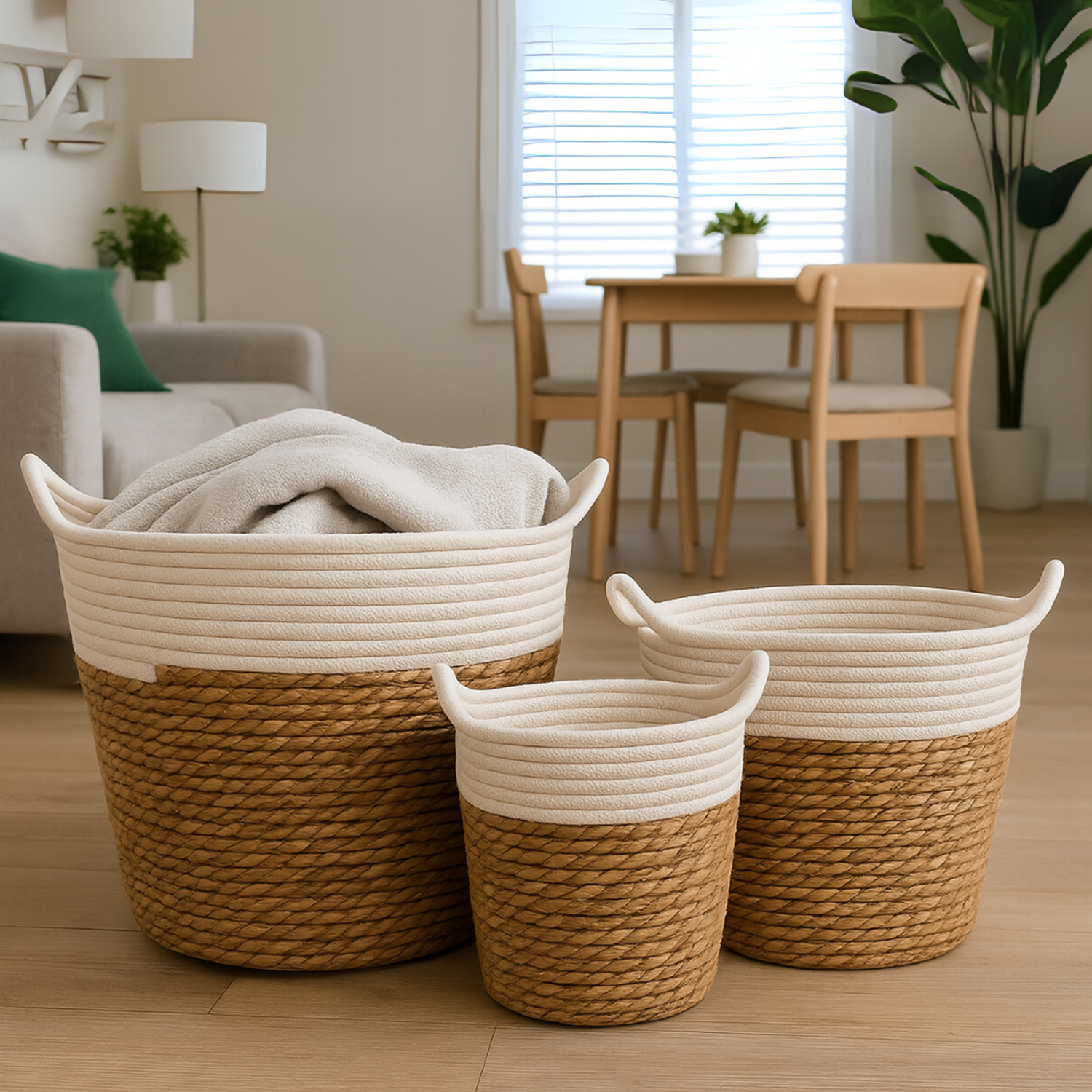 Canasto Cesta Yute Algodón Tejido Estilo Rustico Con Asas M-5