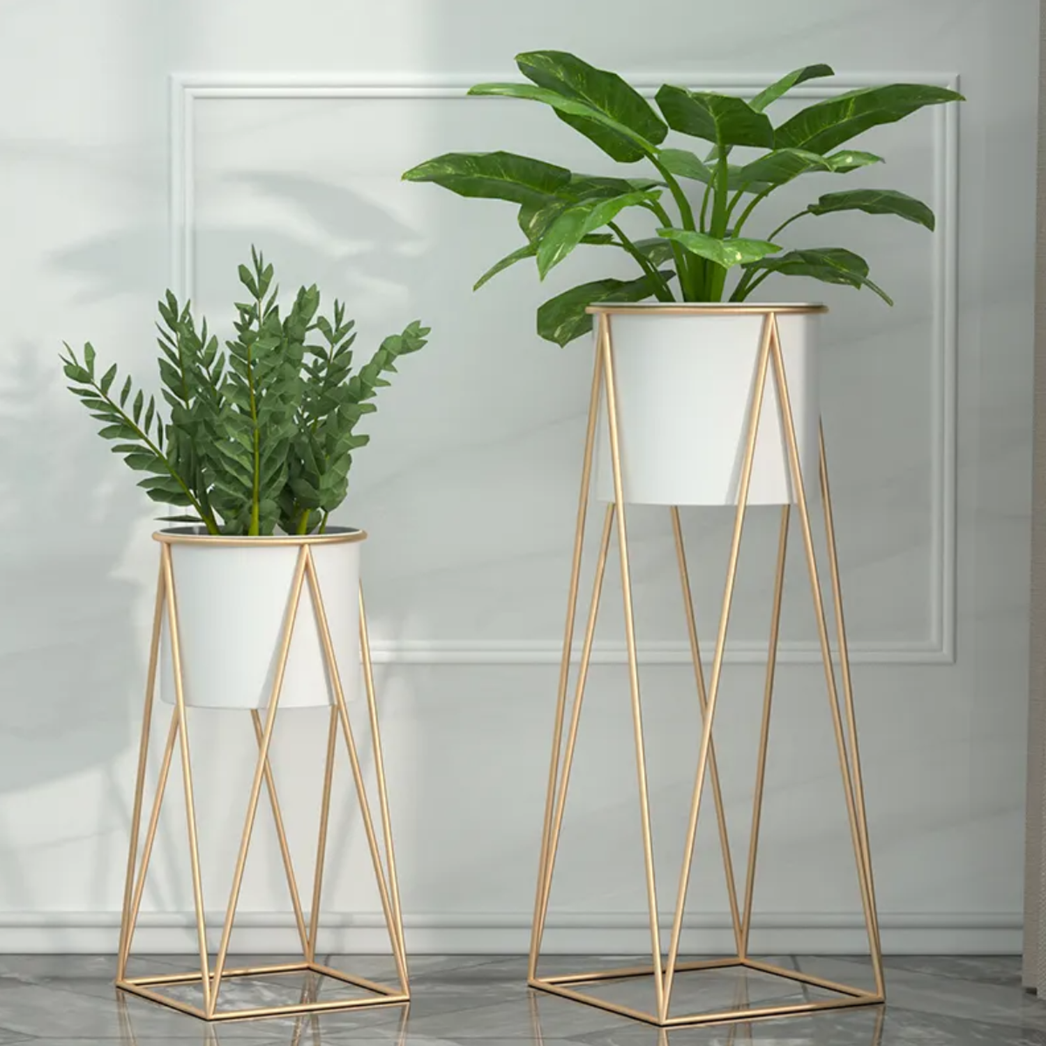 Set 2 Porta Maceteros Pedestal Igual Tamaño Blanco Dorados-5