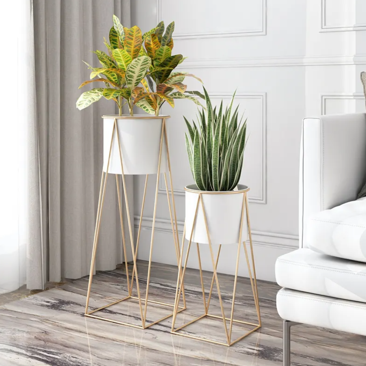 Set 2 Porta Maceteros Pedestal Igual Tamaño Blanco Dorados-6