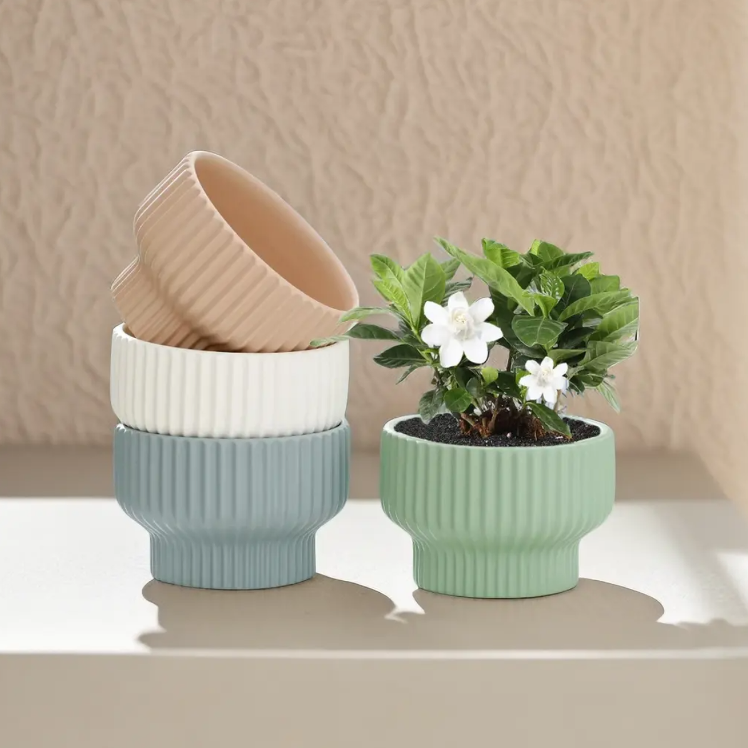 Maceteros Maceta De Ceramica Copon Lineas Gris Mate S-3