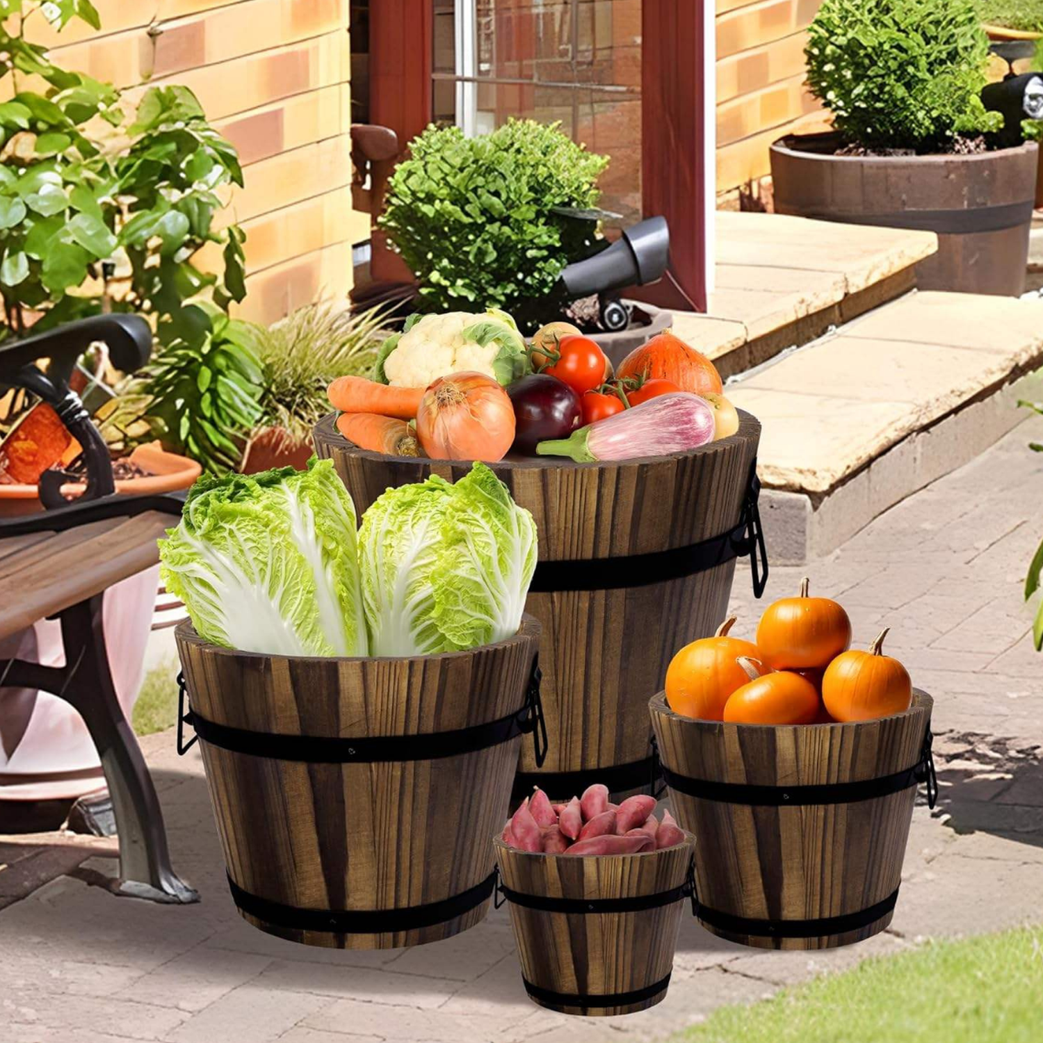 Macetero De Madera Tipo Barril Para Jardin Terraza Planta XL-5