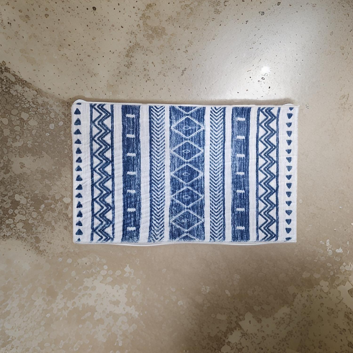 Alfombra De Baño Bajada De Cama Multiuso Diseño Azul Blanco-3