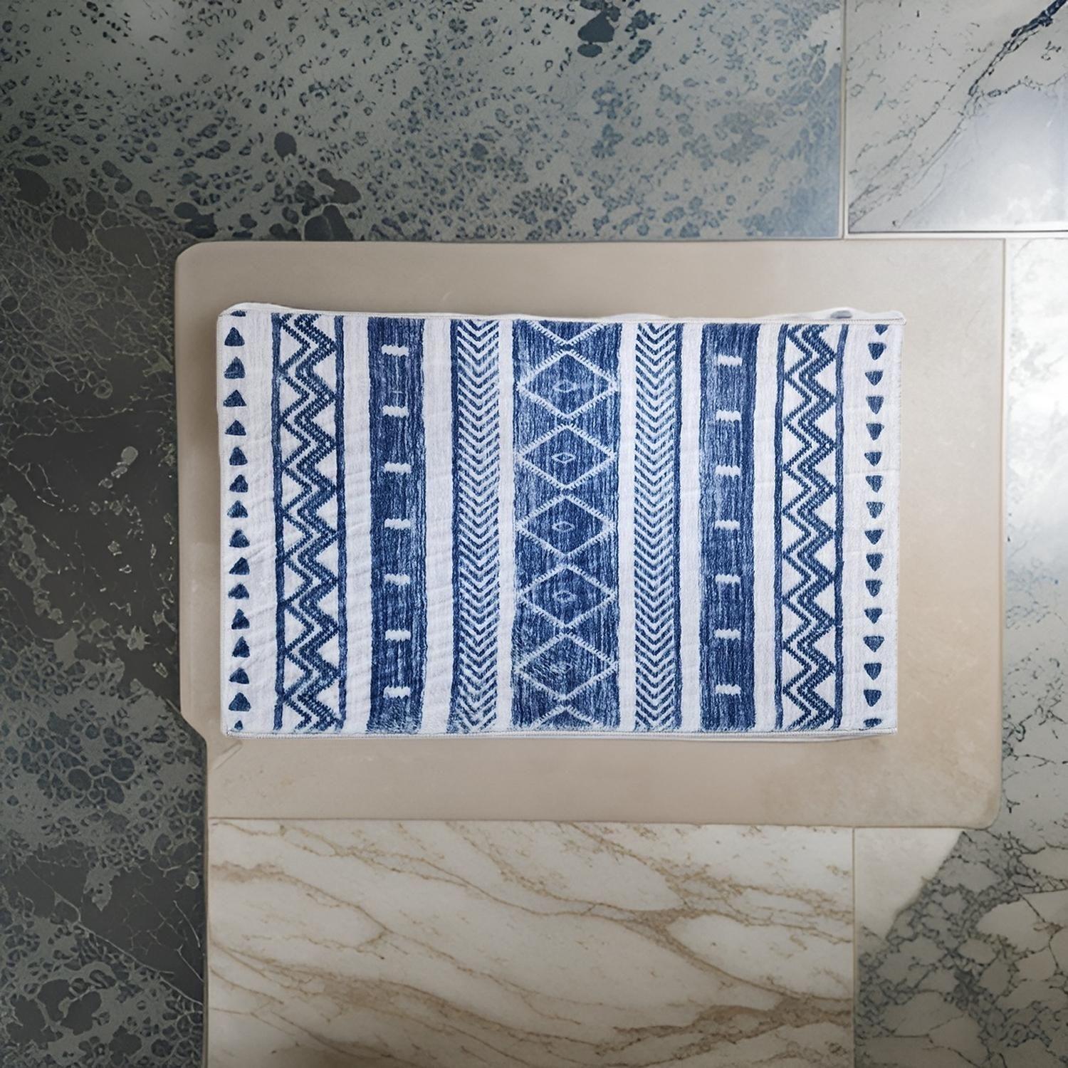 Alfombra De Baño Bajada De Cama Multiuso Diseño Azul Blanco-4