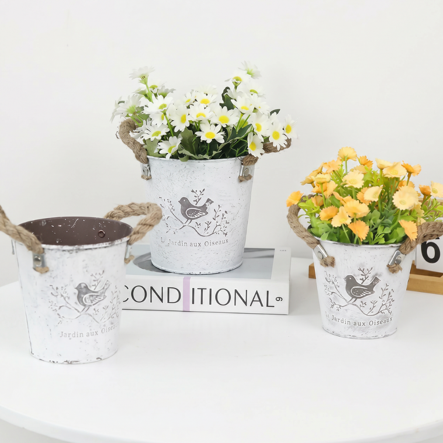 Set 3 Maceteros Metalicos Blancos Decorativo Con Asas Jardin-3