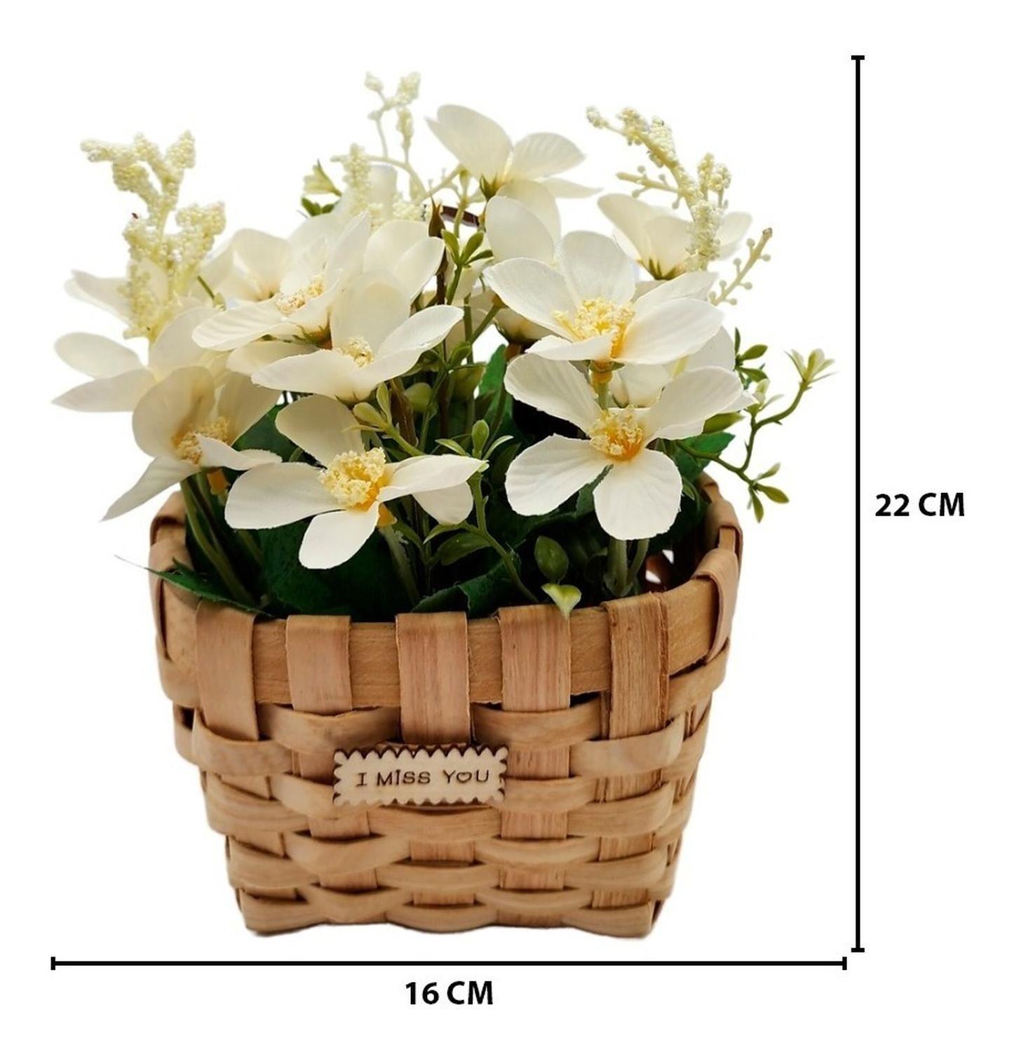 Planta Artificial Macetero Estilo Mimbre Flores Blancas-1