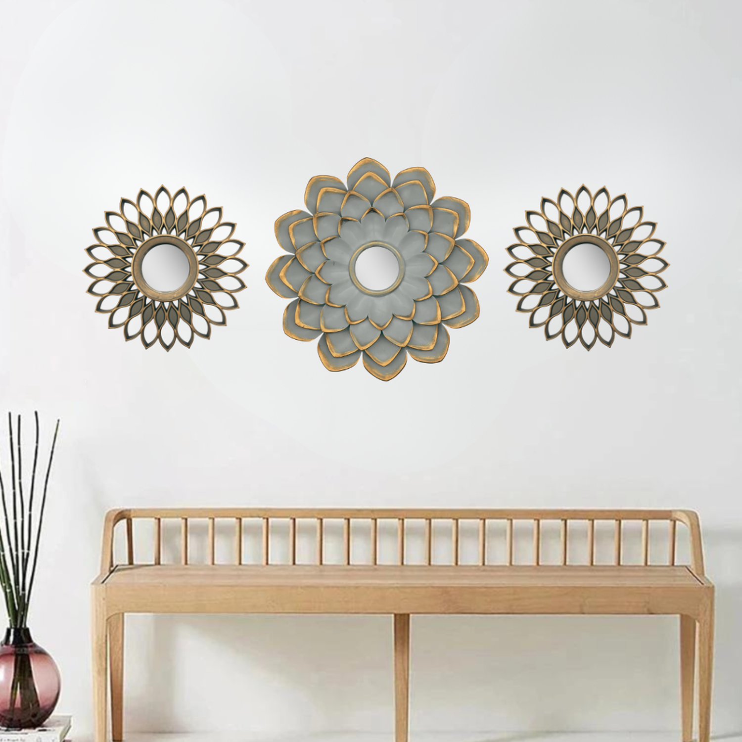 Set 3 Marcos De Espejos Flor De Loto y Diseño Gris Deco-1