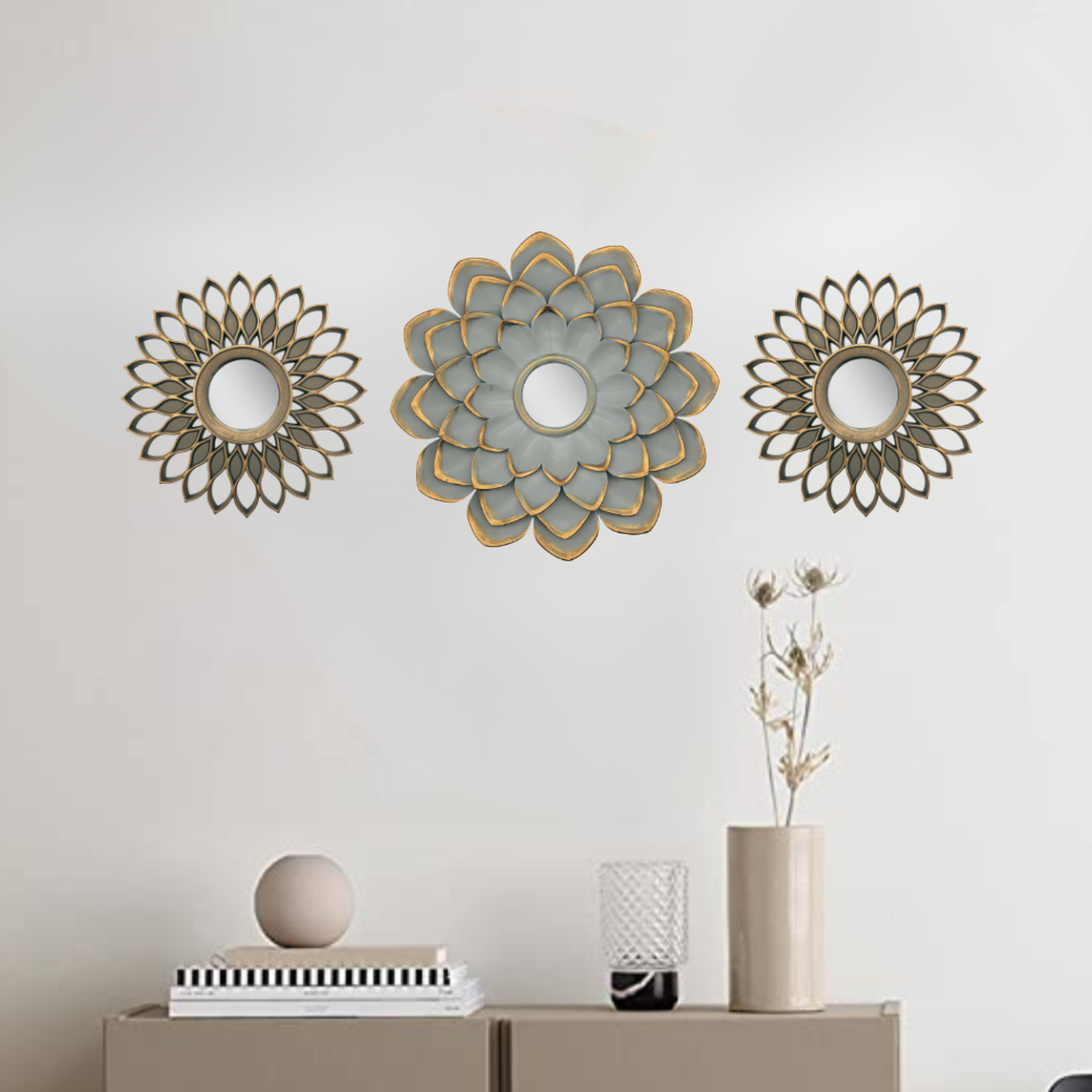Set 3 Marcos De Espejos Flor De Loto y Diseño Gris Deco-2