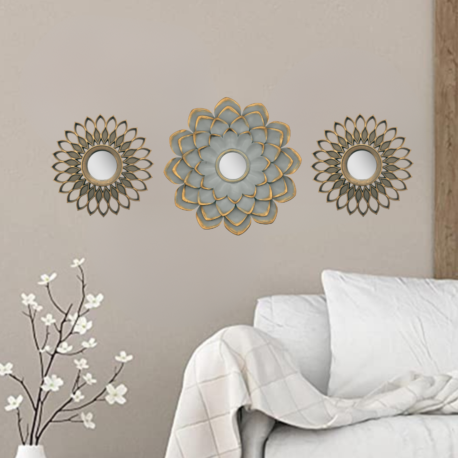 Set 3 Marcos De Espejos Flor De Loto y Diseño Gris Deco-3