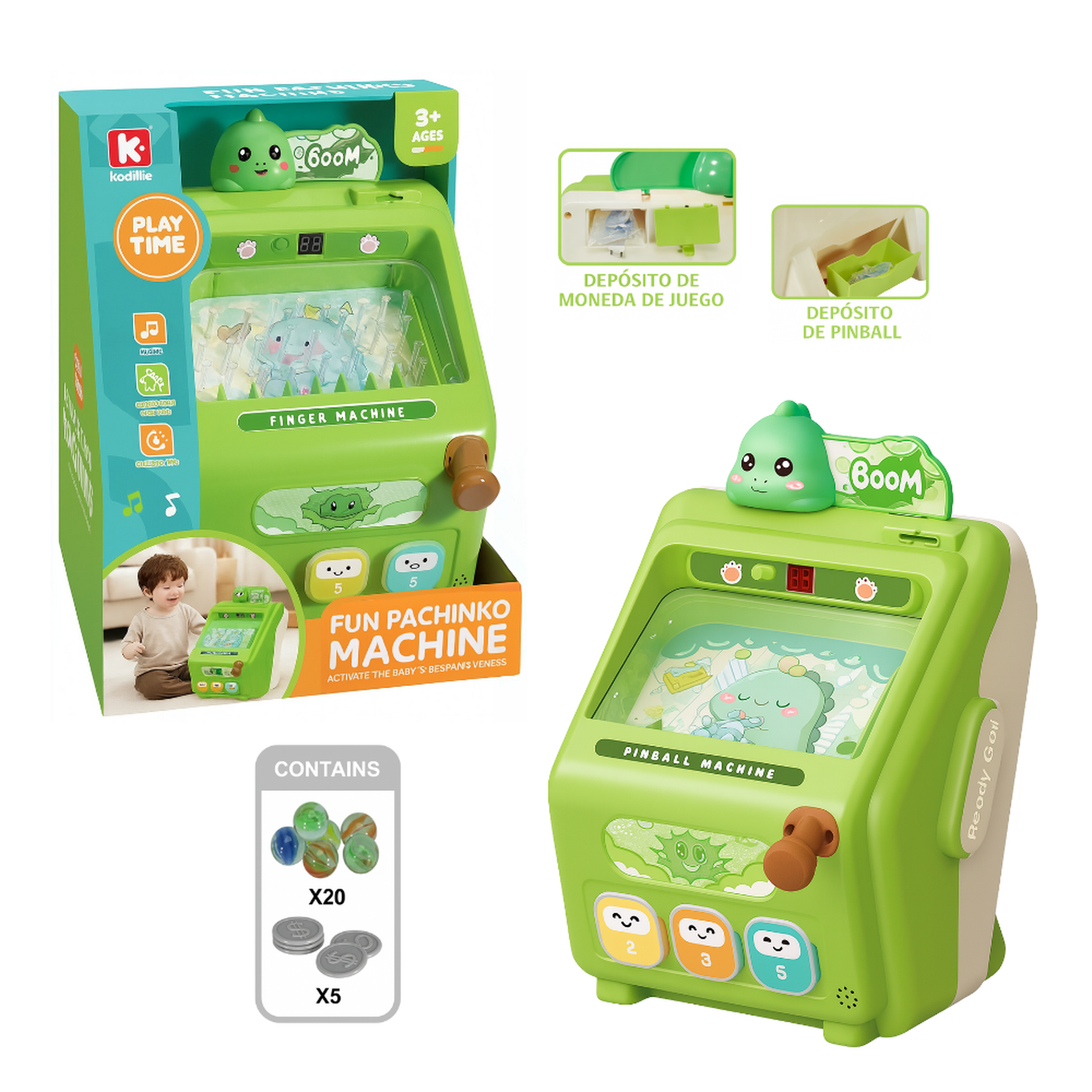 Juguete Pinball Infantil Dinosaurio Verde Kawaii Arcade Mini-5