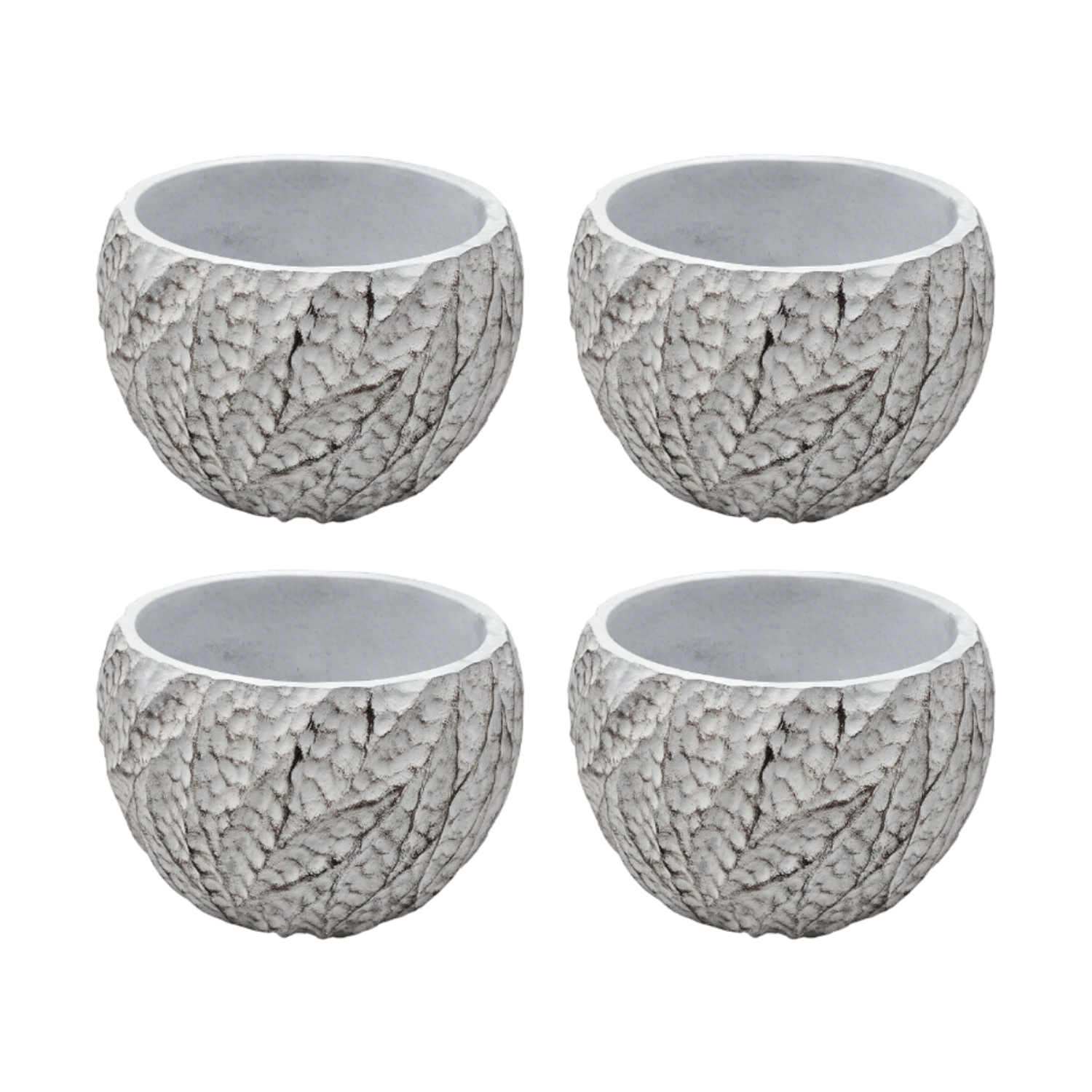 Set 4 Macetero Maceta Acabado Cemento Relieve Hojas Blanco S-0