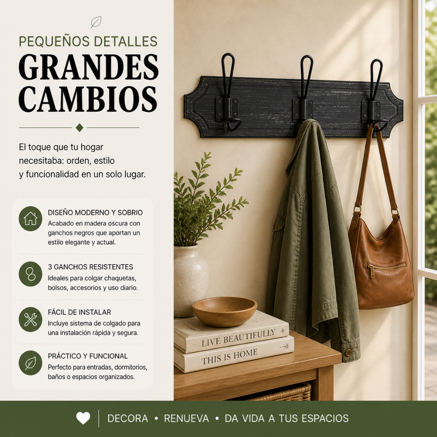 Perchero 3 Ganchos Doble Colgadores De Madera Ropa Negro-4