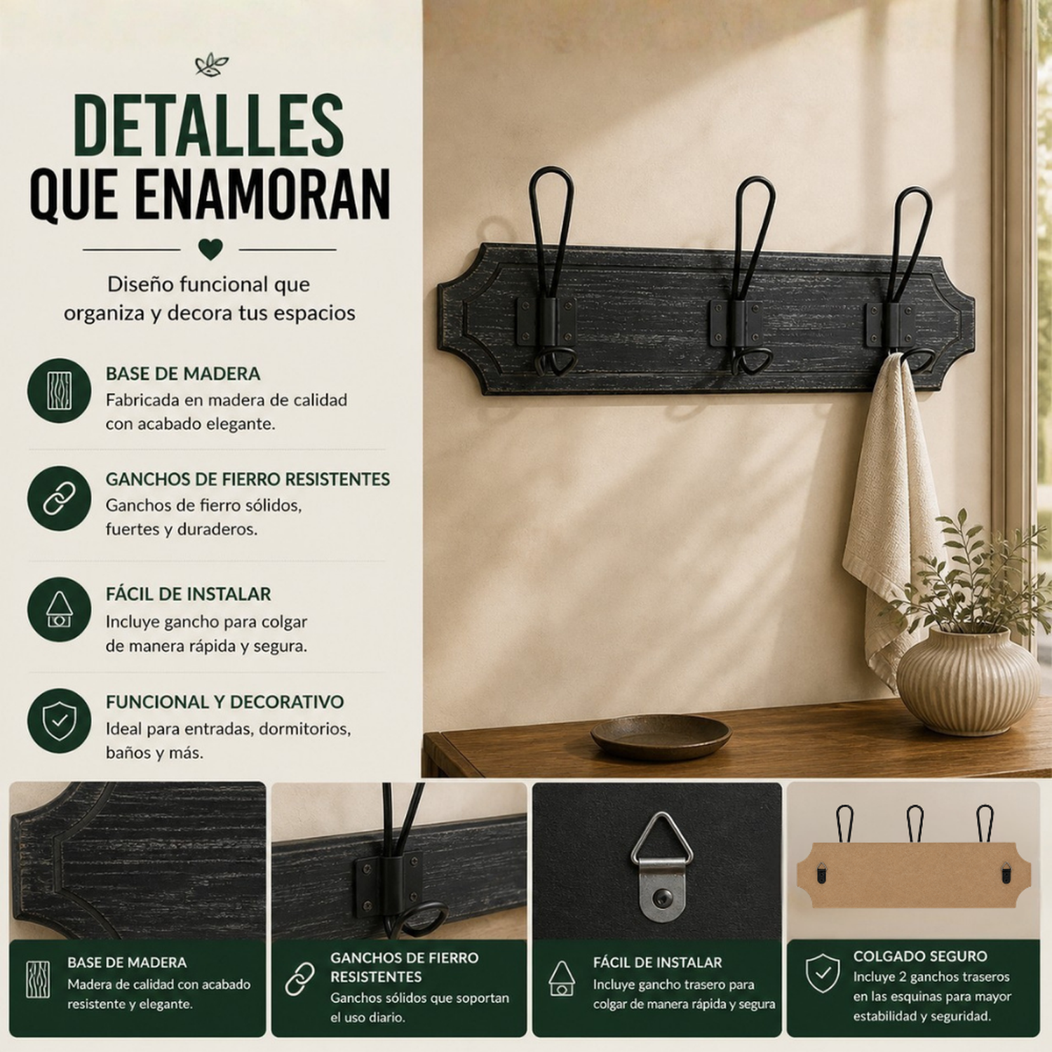 Perchero 3 Ganchos Doble Colgadores De Madera Ropa Negro-7