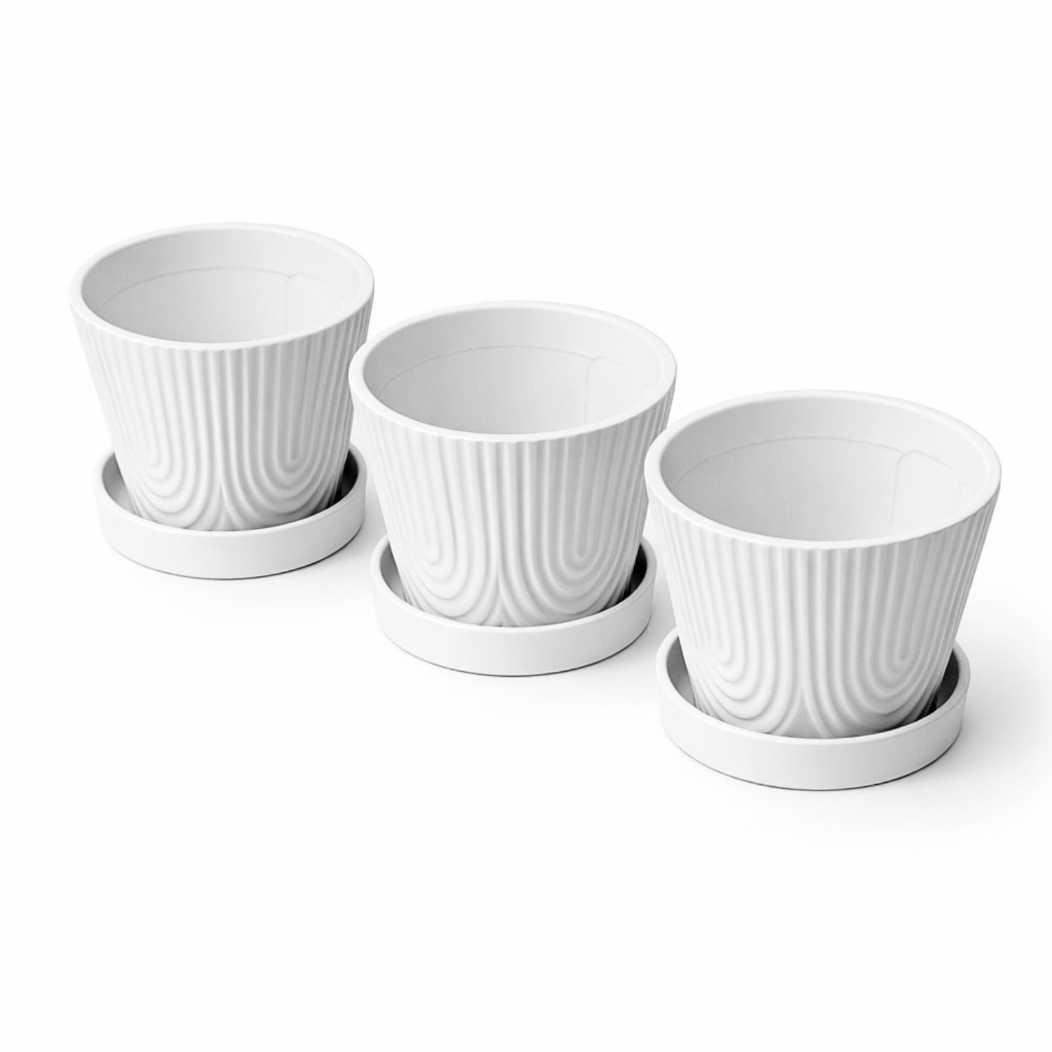 Set 3 Maceteros Con Plato Maceta Ceramica Blanco Decorativo-5