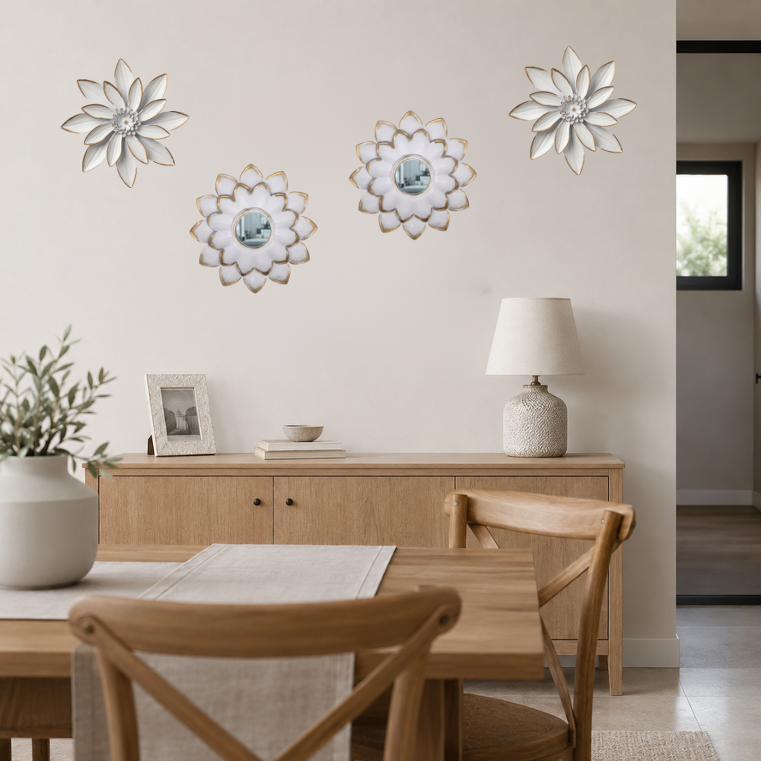 Set 4 Marcos De Espejos Flor De Loto Decorativo Blanco Deco-1
