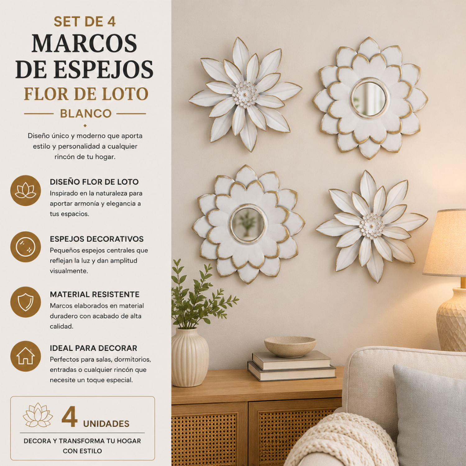 Set 4 Marcos De Espejos Flor De Loto Decorativo Blanco Deco-3
