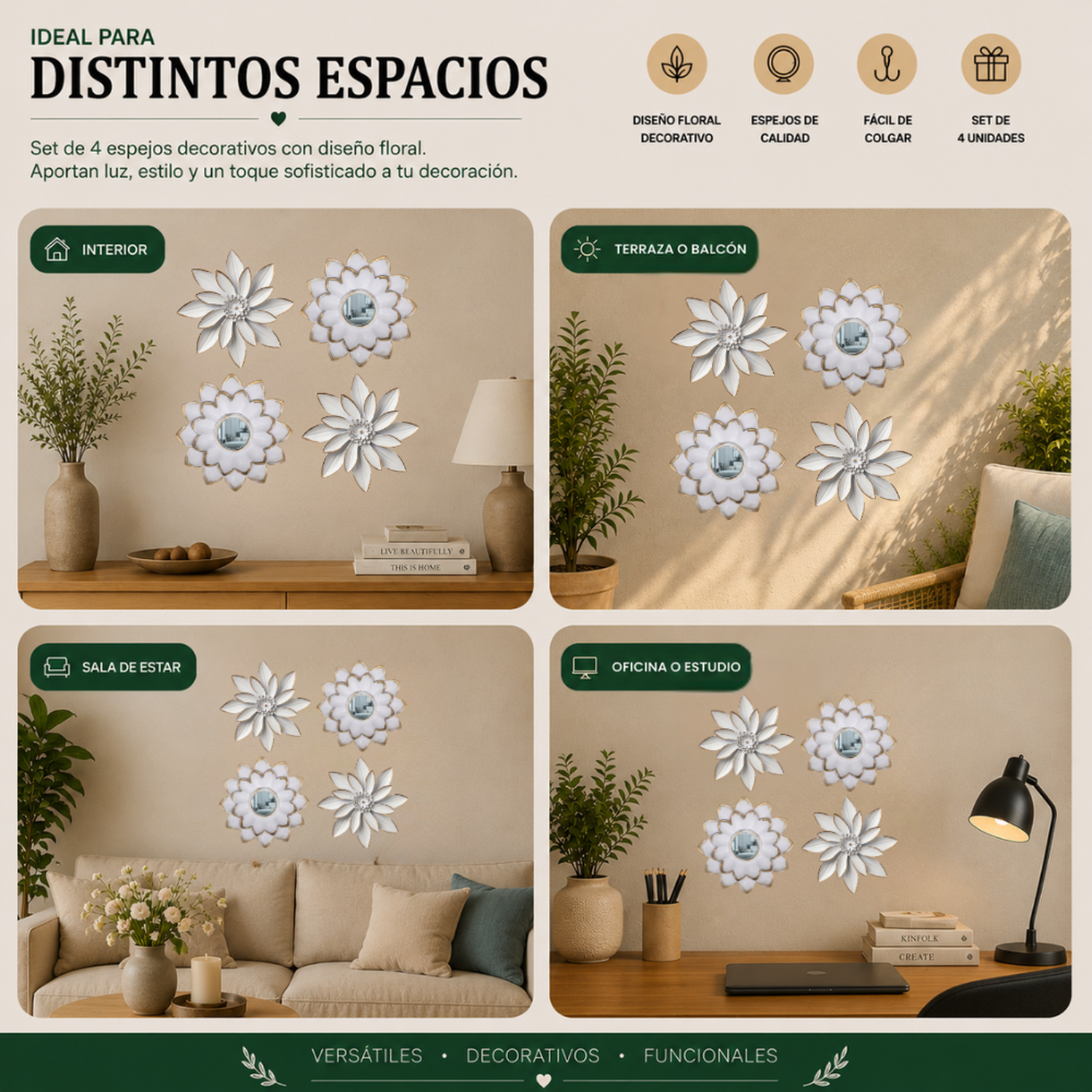Set 4 Marcos De Espejos Flor De Loto Decorativo Blanco Deco-5