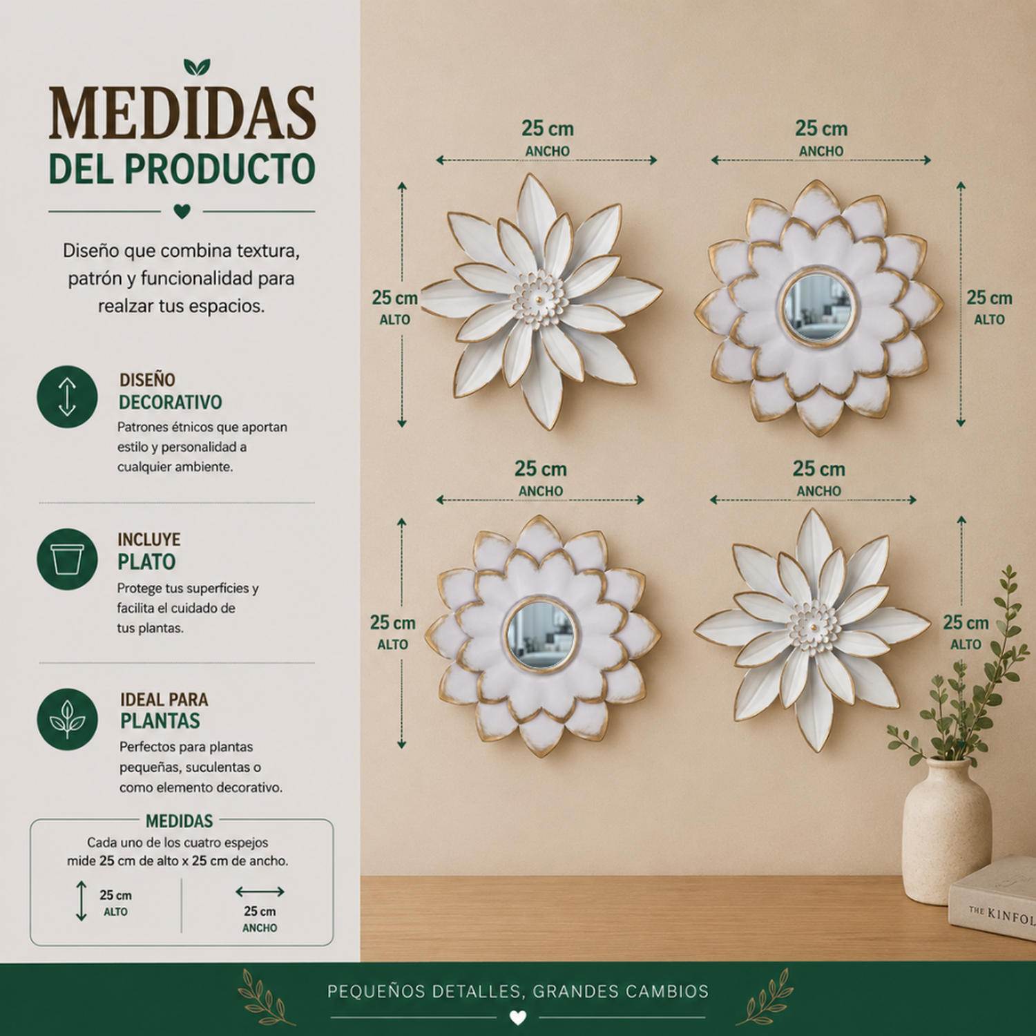 Set 4 Marcos De Espejos Flor De Loto Decorativo Blanco Deco-6