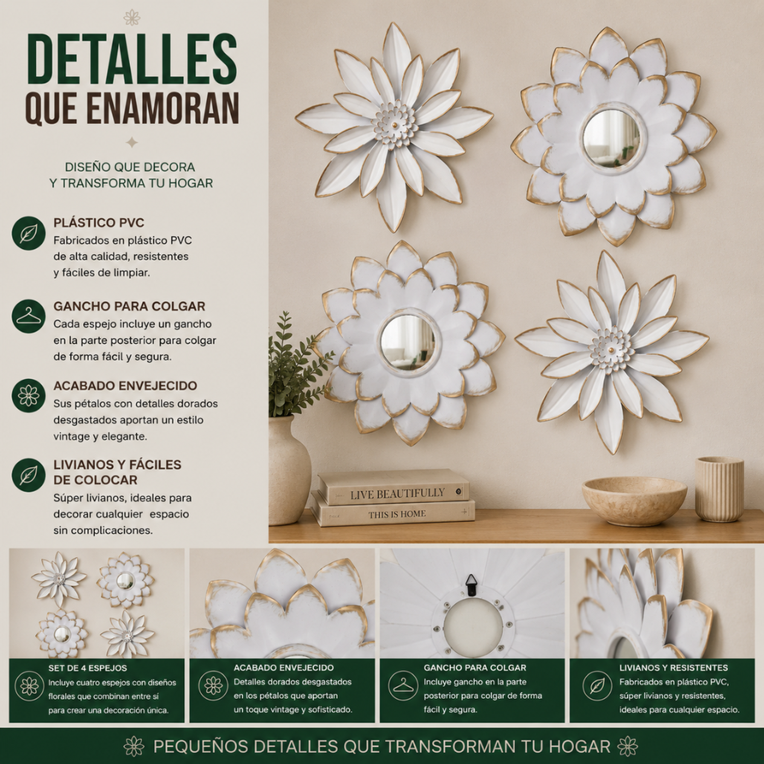 Set 4 Marcos De Espejos Flor De Loto Decorativo Blanco Deco-7