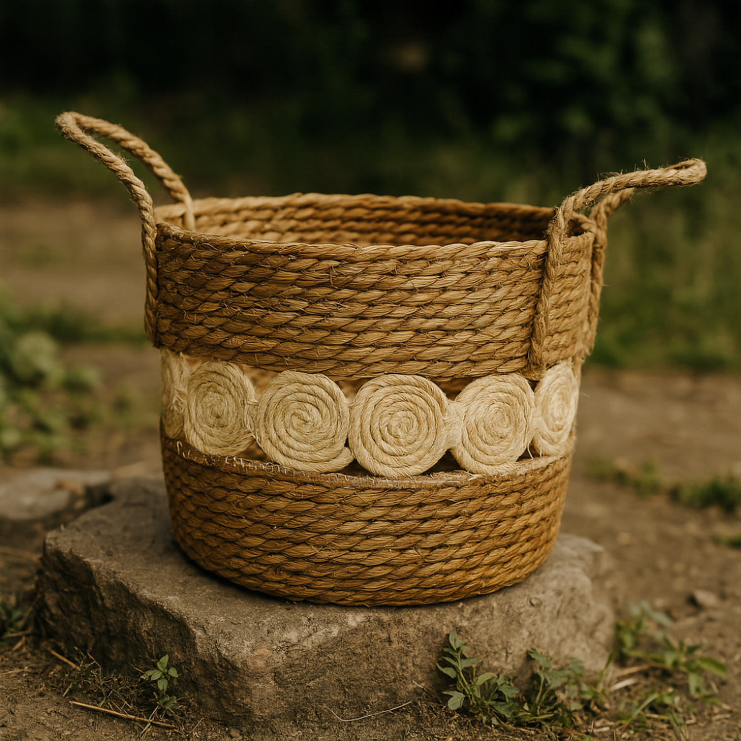 Canasto Cesta Yute Diseño Circulos Tejido Estilo Rustico M-2