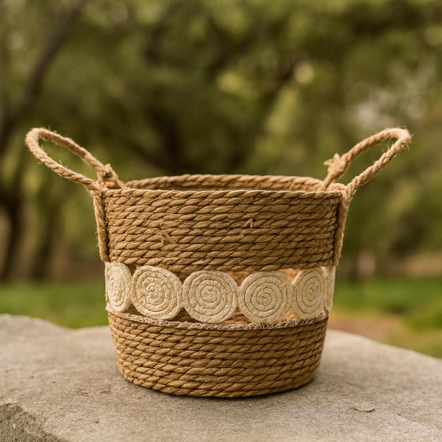 Canasto Cesta Yute Diseño Circulos Tejido Estilo Rustico M-3